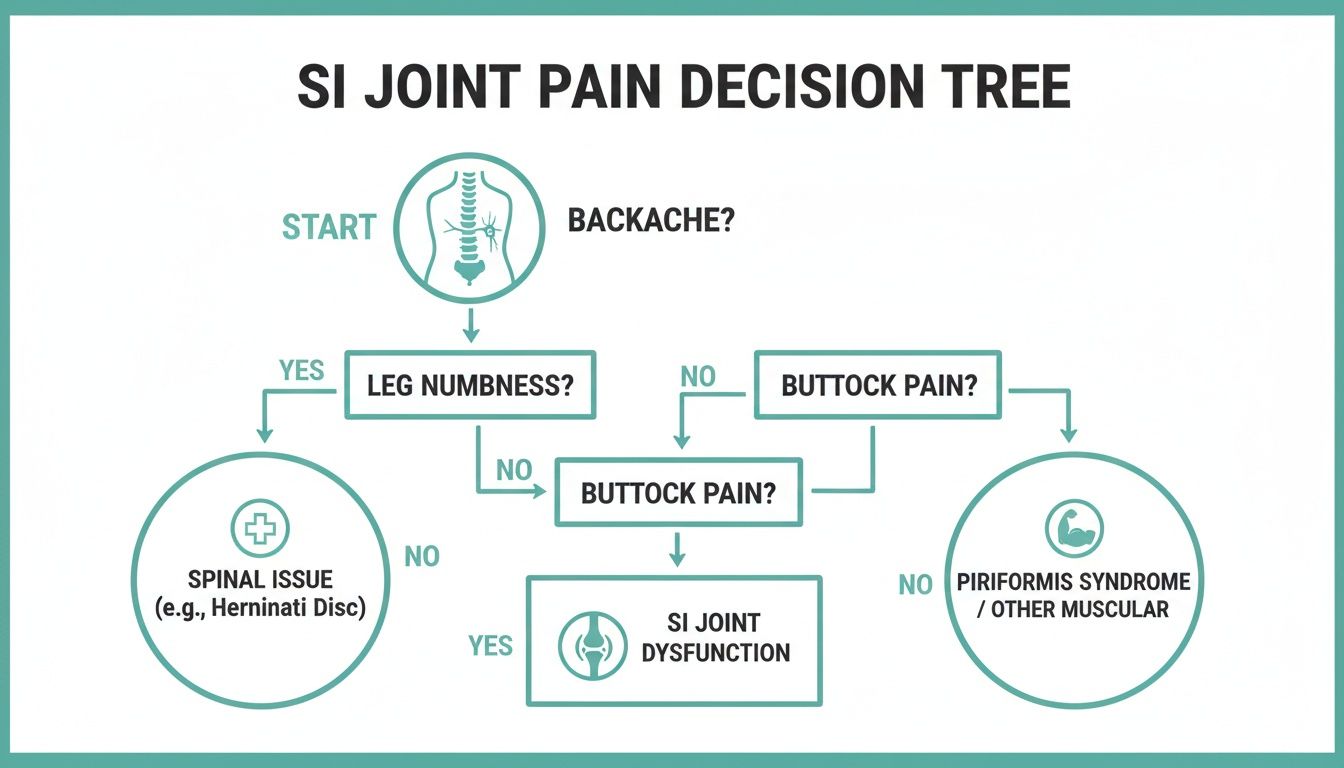 Decision tree flowchart illustrating the diagnostic process for SI joint pain, differentiating between spinal, muscular, and SI joint issues.
