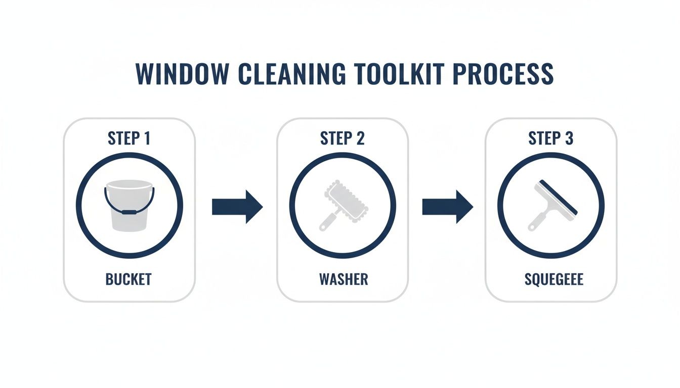 A three-step window cleaning toolkit process showing a bucket, washer, and squeegee.