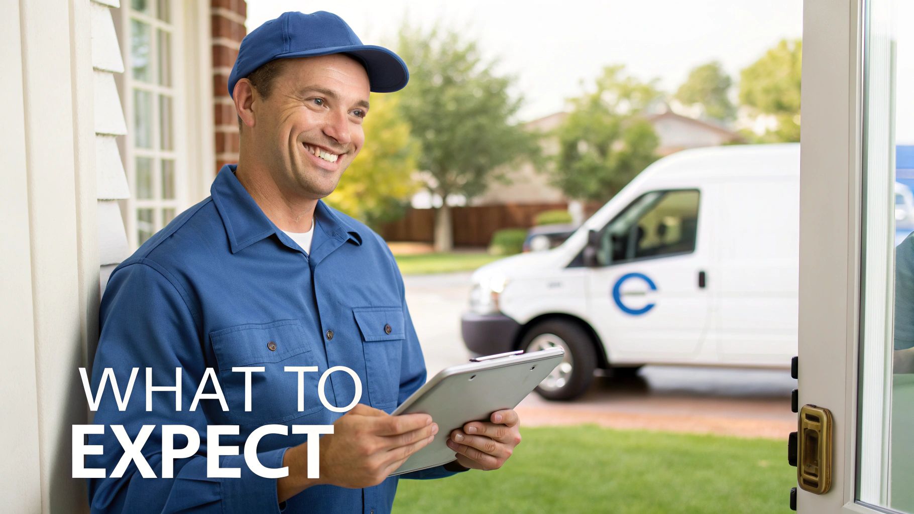 Smiling service technician in blue uniform holds a clipboard at a doorway, with a service van nearby.