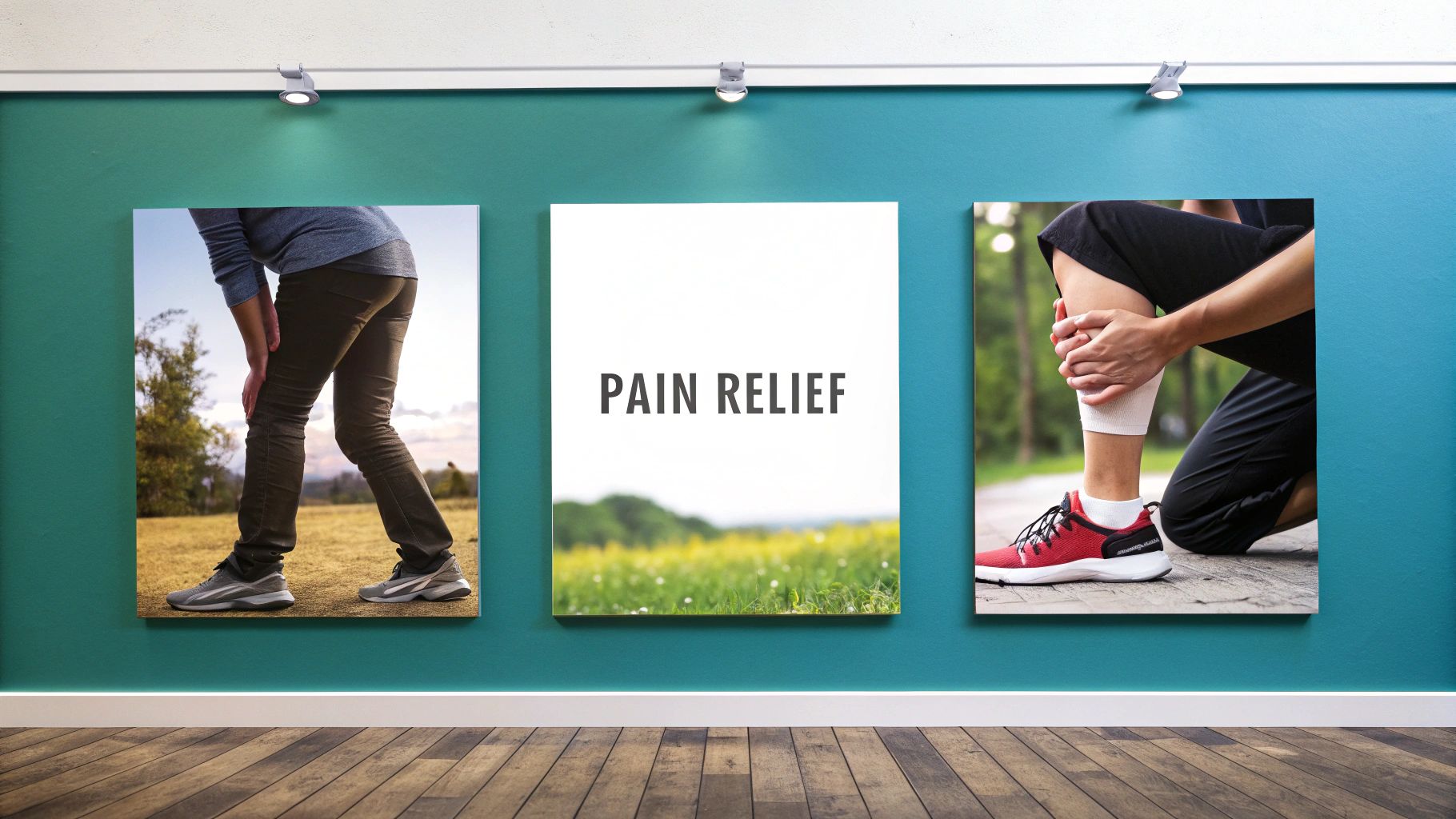 Three framed pictures on a teal wall, depicting knee pain, a 'PAIN RELIEF' sign, and a bandaged leg.