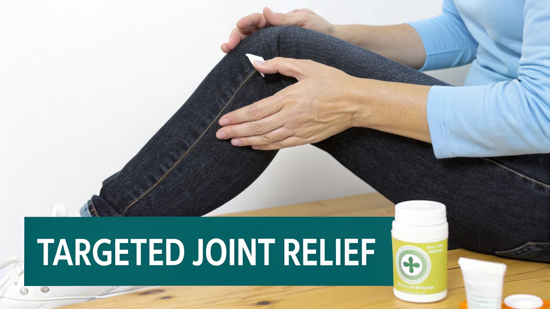 A person holds their painful knee, with a targeted joint relief supplement bottle and measuring cup nearby.