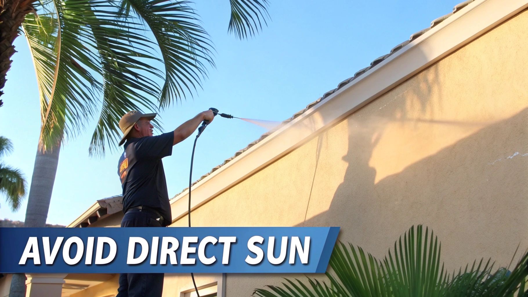 Man in a hat pressure washing a beige house wall under a clear sky, with palm trees.