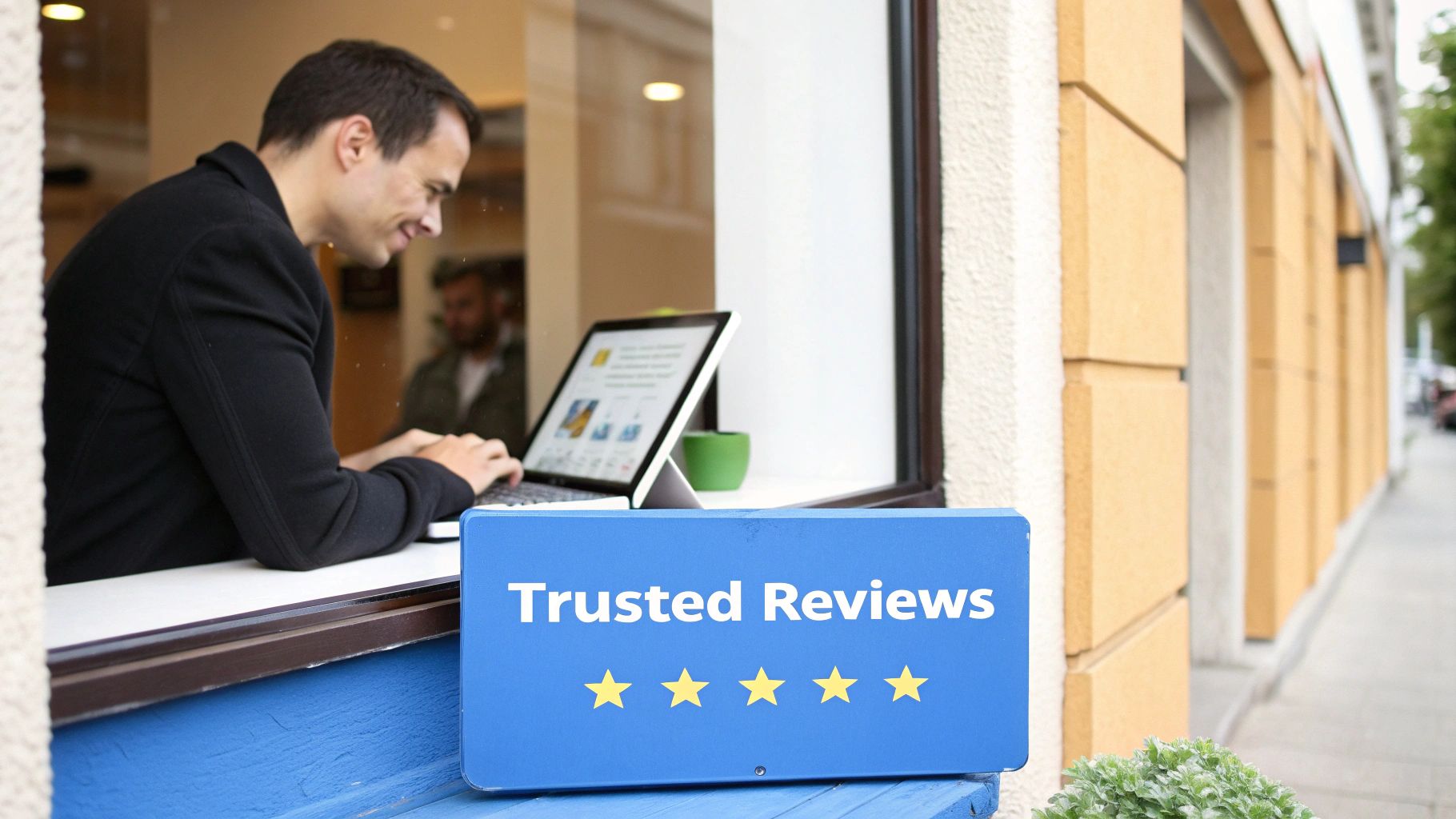 A man works on a laptop inside, while a 'Trusted Reviews' sign with four stars is visible outside.
