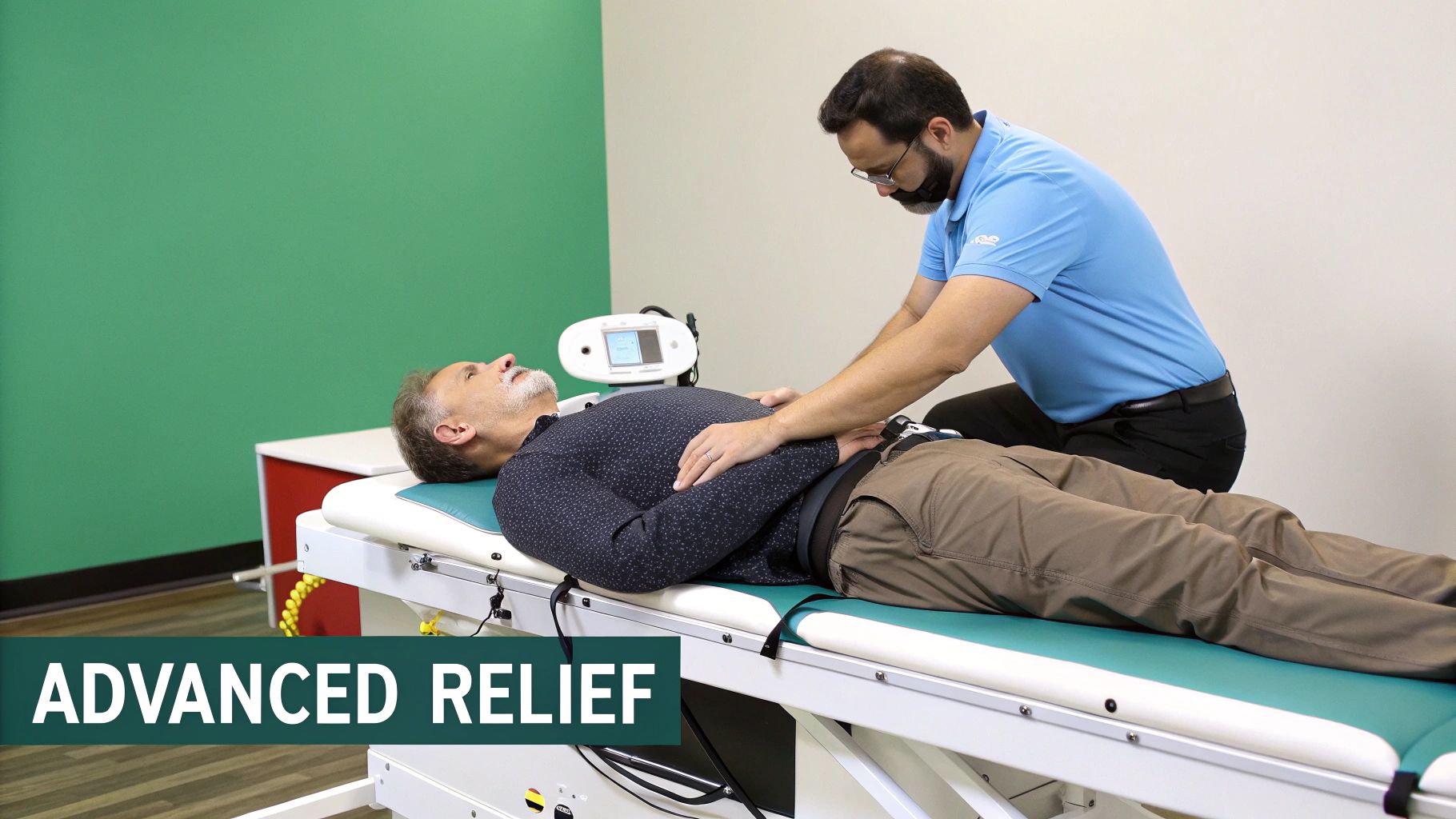 A physical therapist treats a male patient lying on a medical table for back relief.
