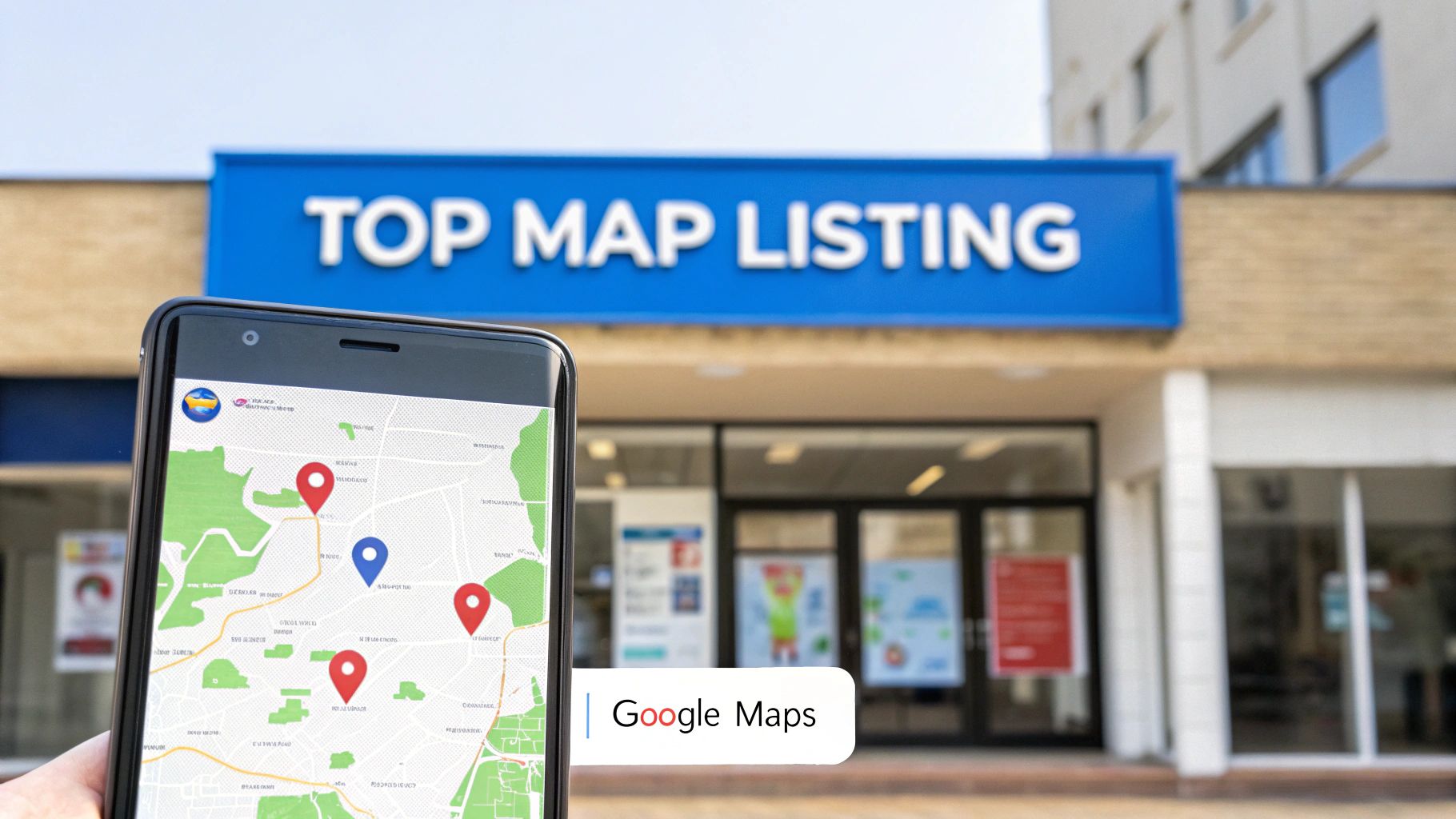 Smartphone displaying Google Maps with map pins in front of a building advertising 'TOP MAP LISTING'.