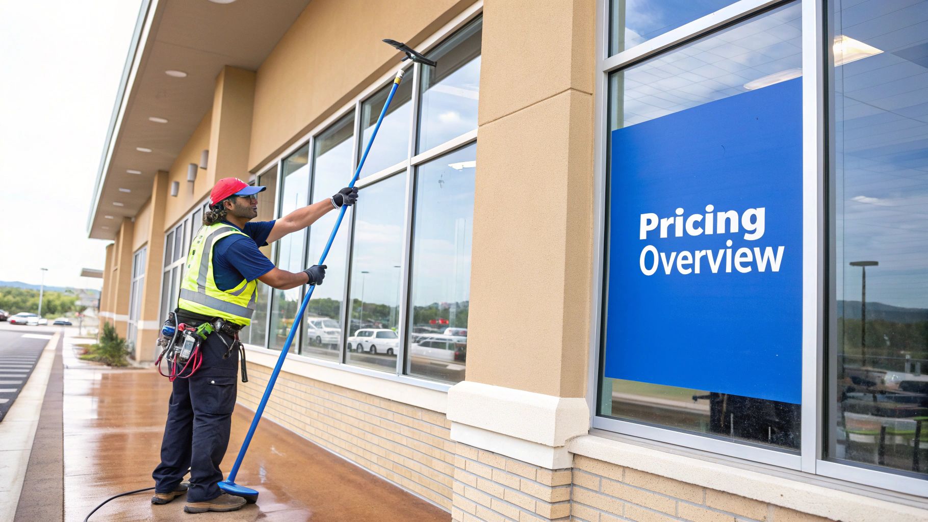 A man in a high-visibility vest cleaning commercial building windows with a long pole. A "Pricing Overview" sign is visible.