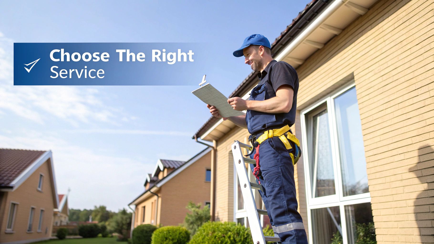 A smiling male worker in a blue uniform and safety harness stands on a ladder, inspecting a building's exterior with a clipboard.