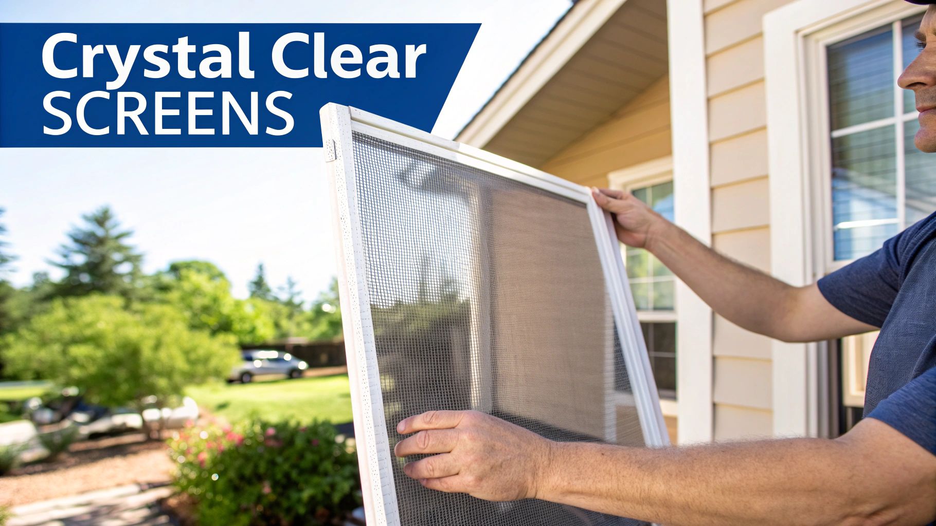 A person carefully cleaning a window screen with a gentle brush and soapy water.
