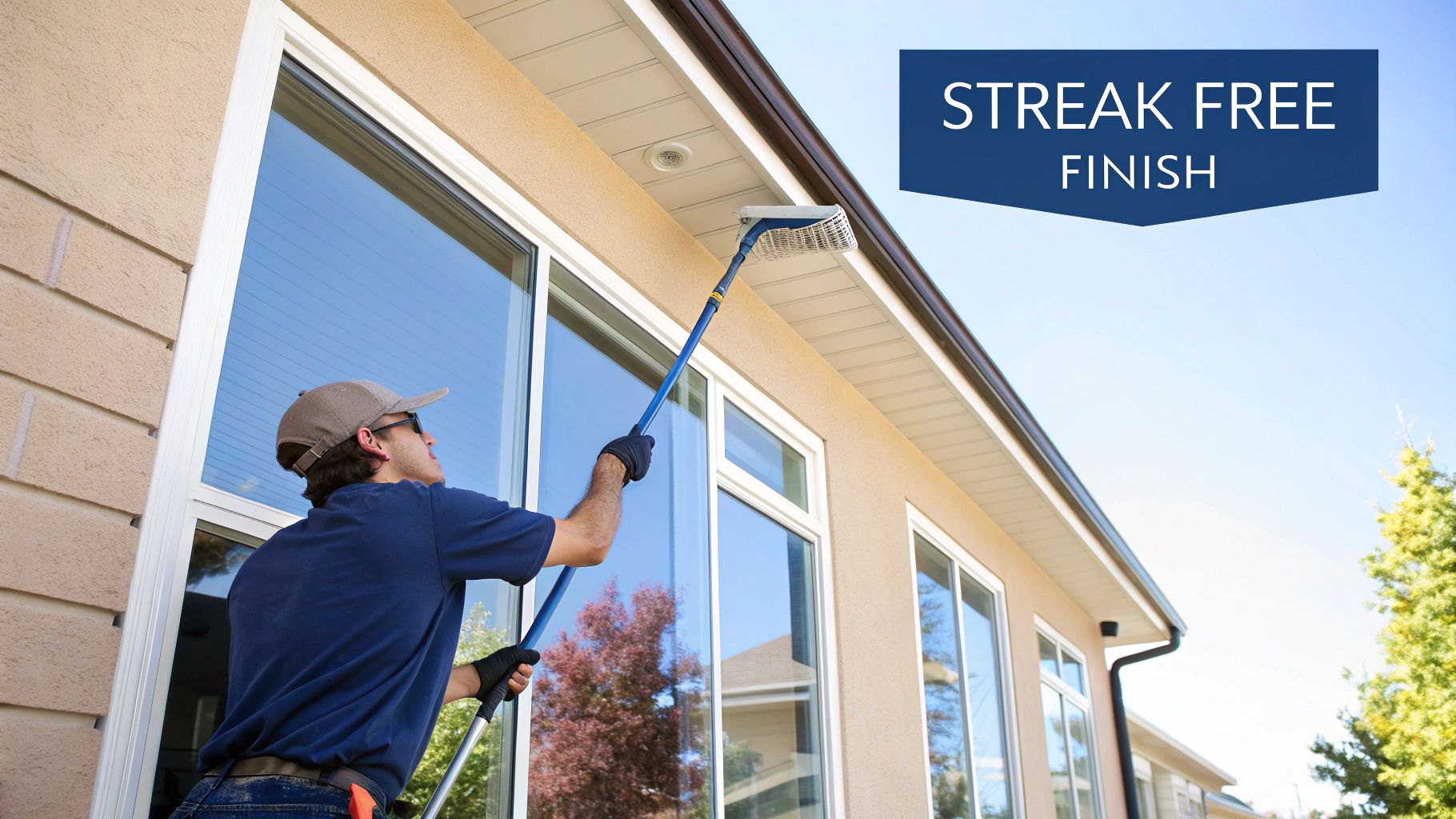 A professional window cleaner uses a long pole to wash house windows for a streak-free finish.