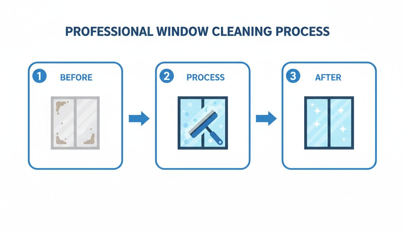 An infographic illustrating the professional window cleaning process: dirty window, cleaning in progress, and sparkling clean window.