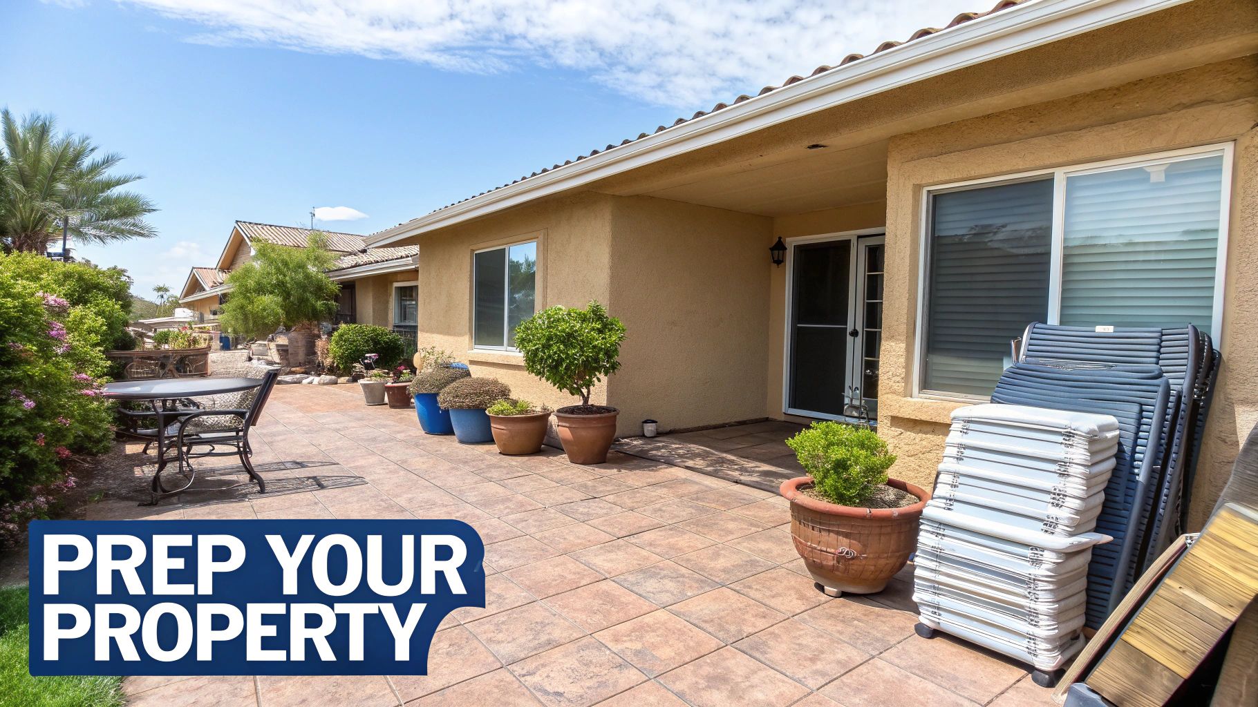 Sunny outdoor patio with stacked lounge chairs, potted plants, and a dining set, next to a house.