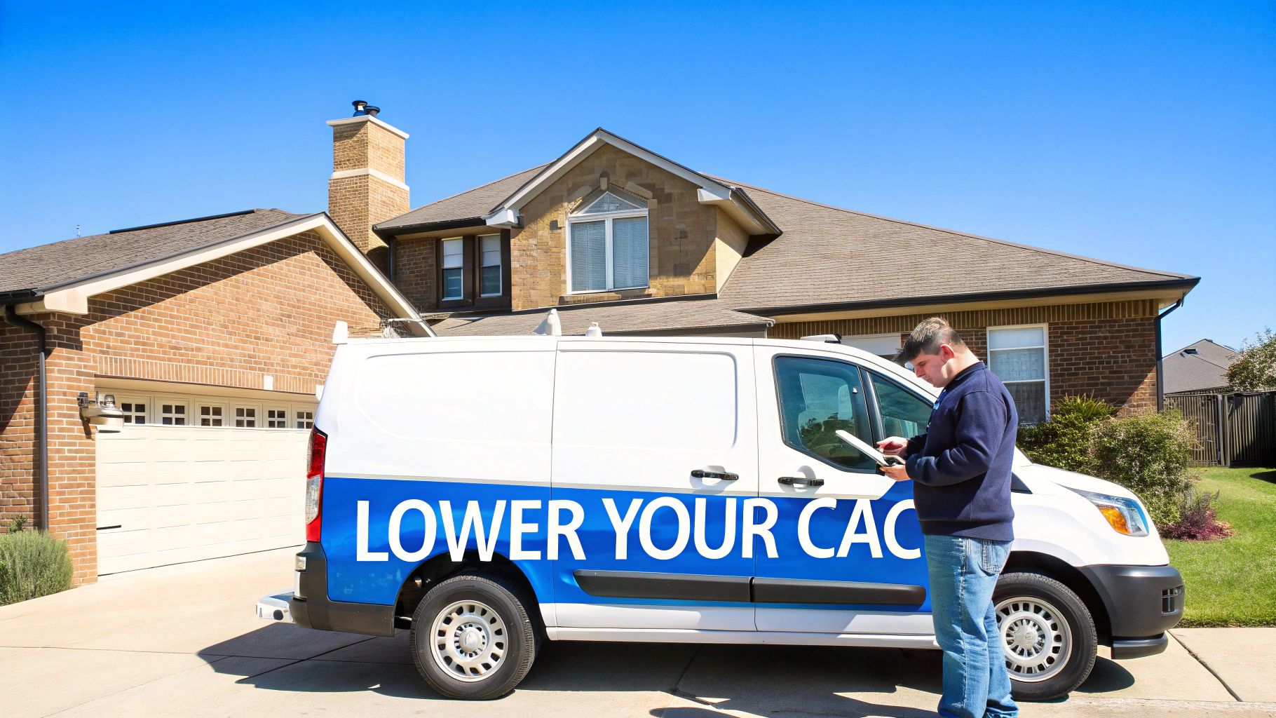 A service worker views a tablet next to his white van with "LOWER YOUR CAC" branding outside a house.