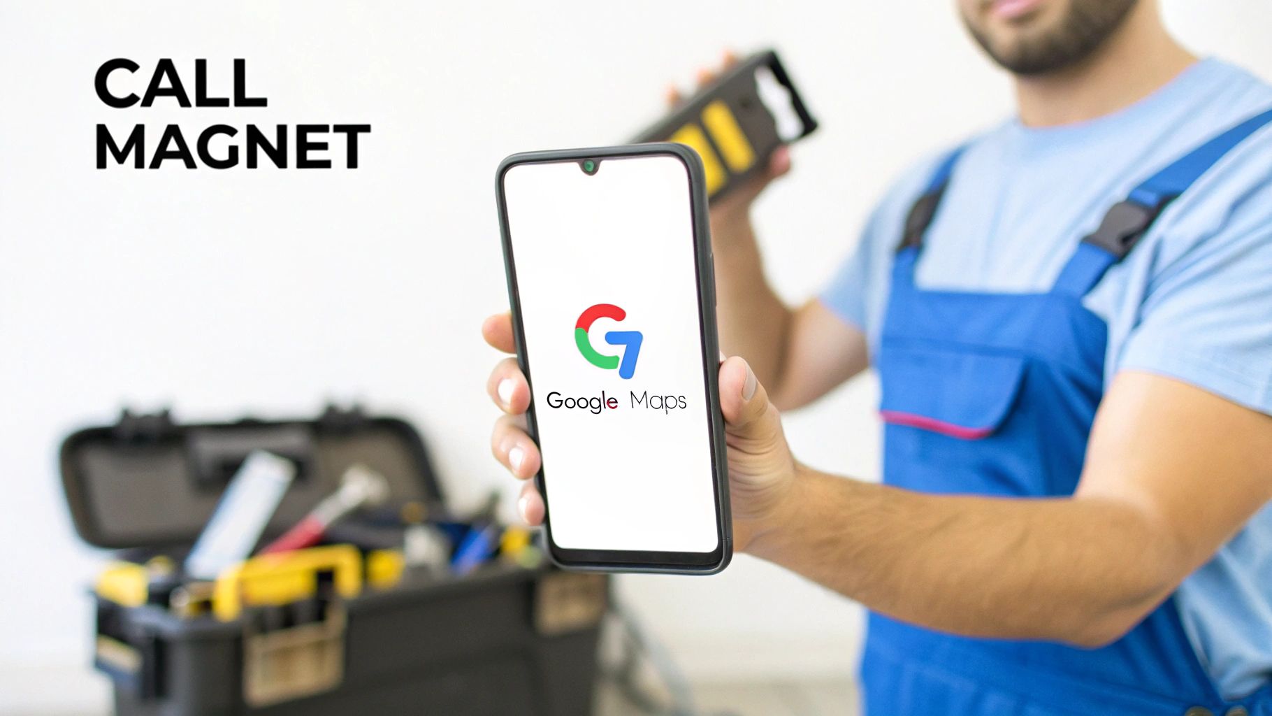 Service technician holding a smartphone displaying Google Maps and 'CALL MAGNET' text, with a toolbox.