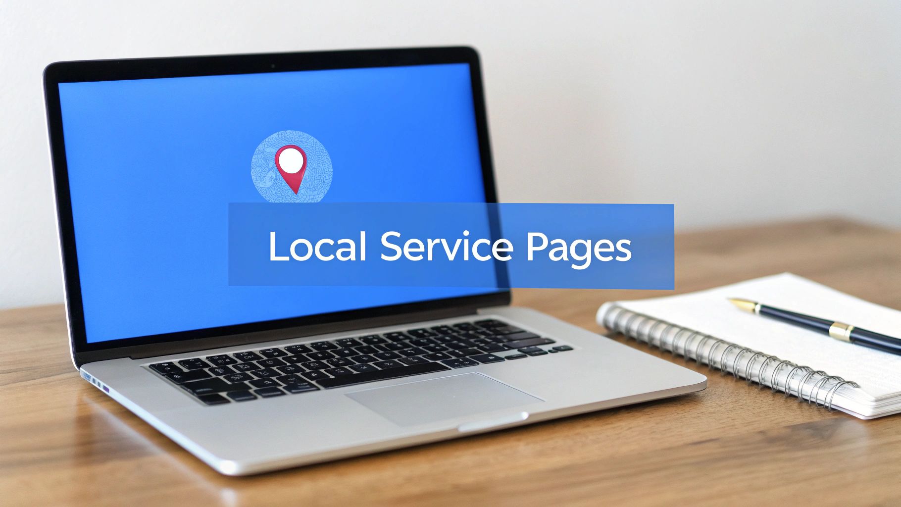 A laptop displays 'Local Service Pages' with a map pin icon, beside a notebook and pen.