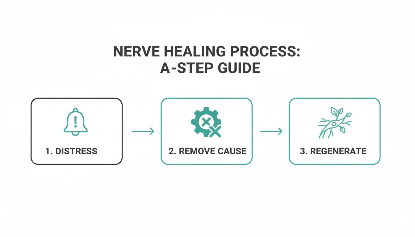 A visual guide illustrating the three steps of the nerve healing process: distress, remove cause, and regenerate.
