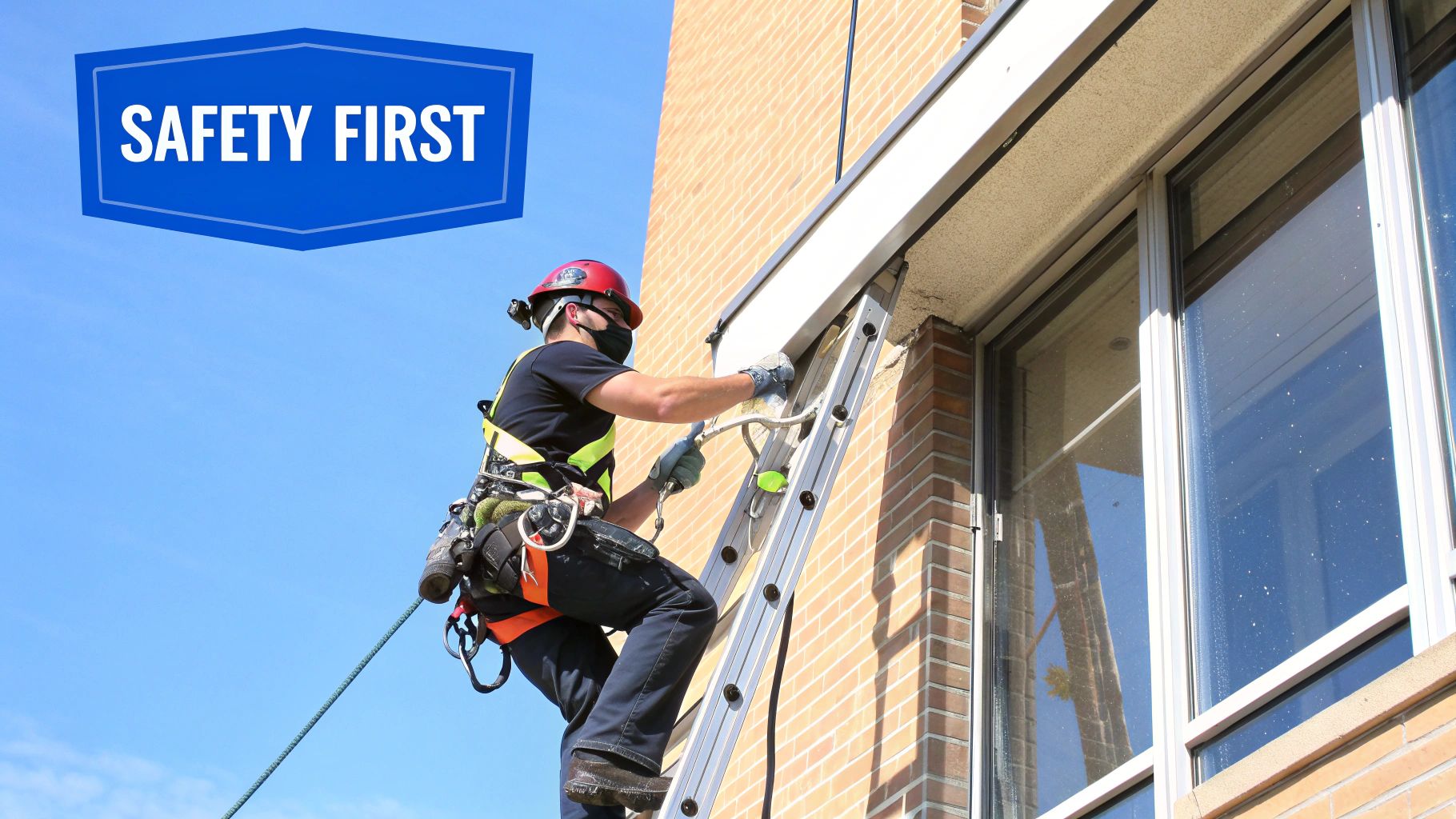 A worker in safety gear and mask is on a ladder next to a brick building, emphasizing safety first.