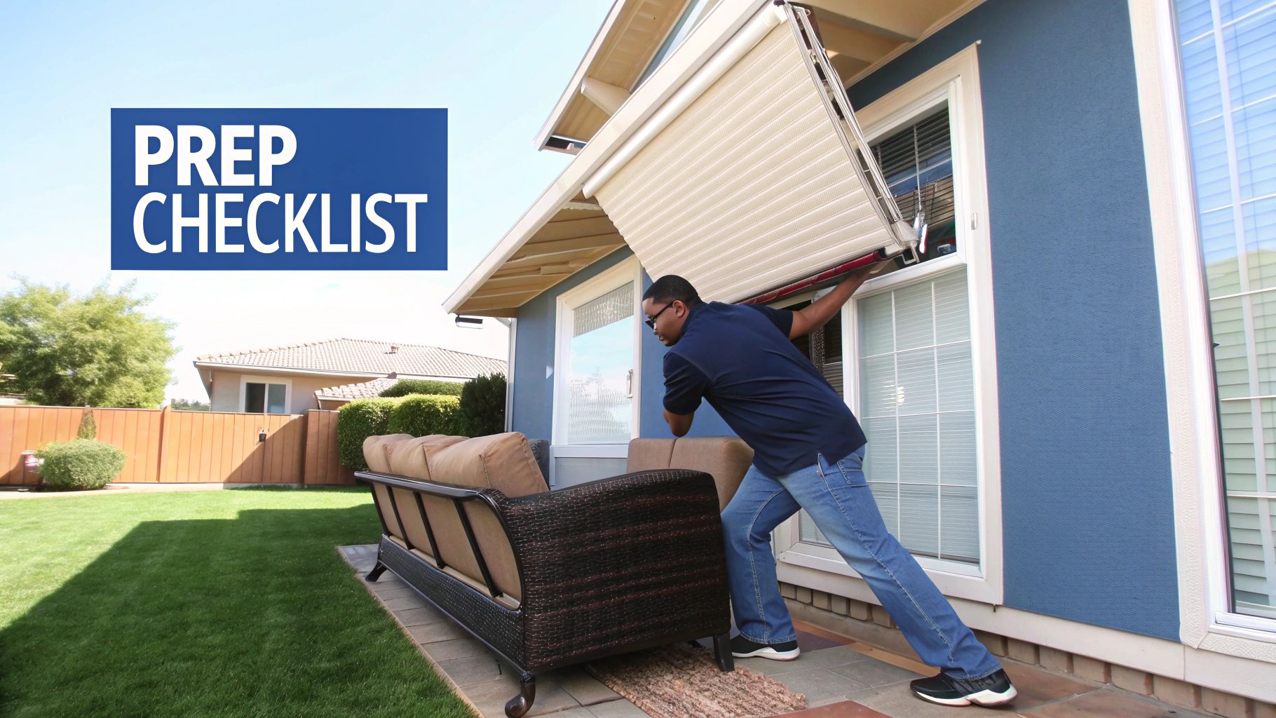 A man in a blue shirt and jeans installing a large beige window shade on a blue house.