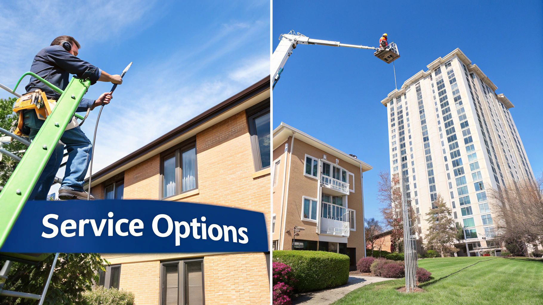 Professional window cleaning services for residential and commercial buildings, featuring ladder and boom lift options.