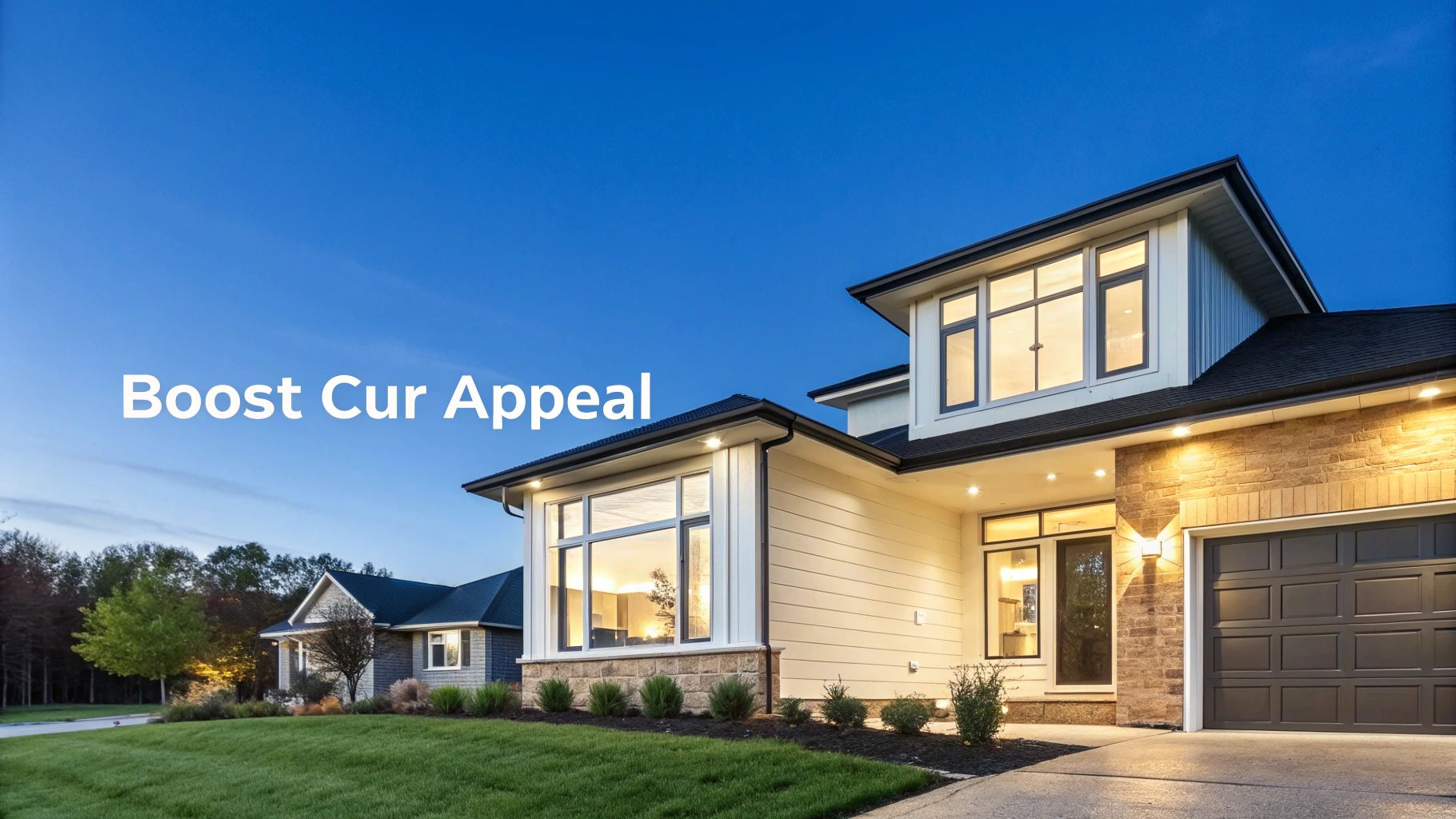 Modern home exterior at dusk with bright windows, stone accents, and a well-kept lawn, with text 'Boost Cur Appeal'.