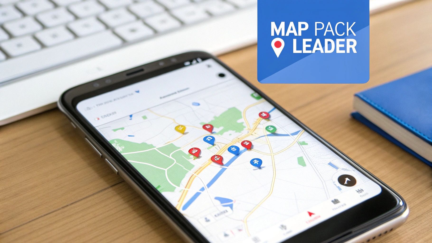 Smartphone displaying a map with colorful location pins and a 'MAP PACK LEADER' banner, next to a laptop.
