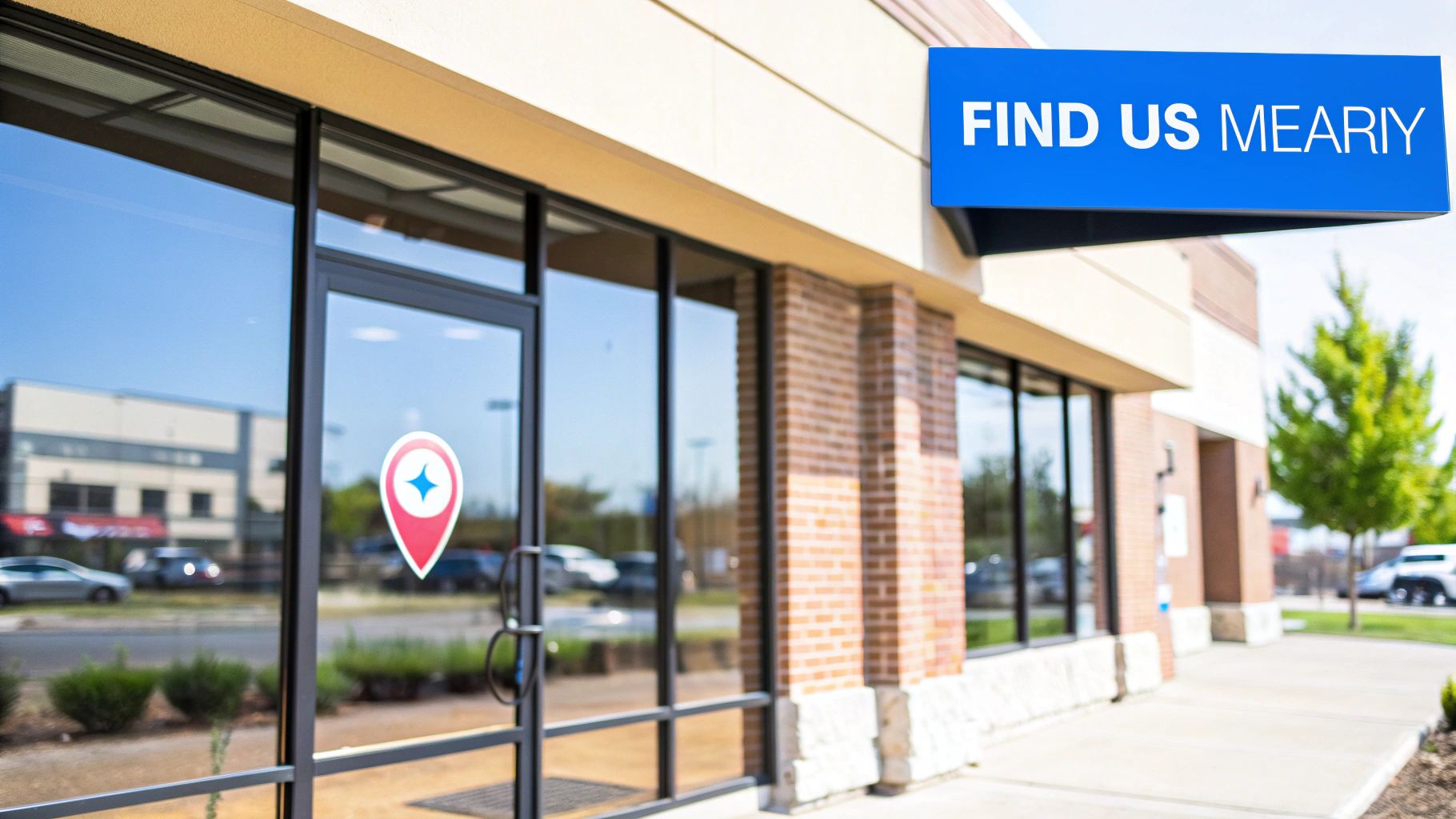 Exterior of a modern commercial building with a blue 'FIND US MEARIY' sign above the entrance.