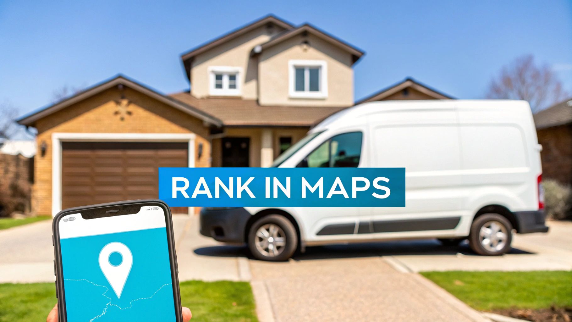 Smartphone showing a map with a location pin, a delivery van, and a house, with 'RANK IN MAPS' text.