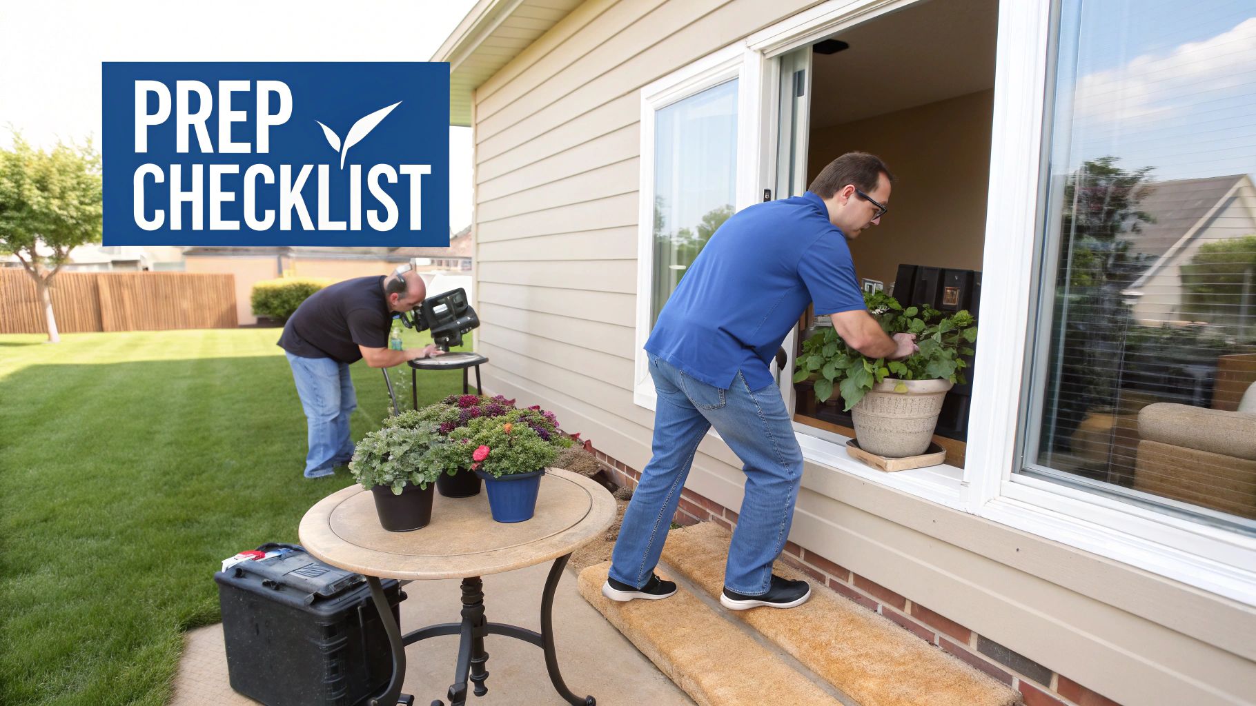 Two men doing home preparation: one moves a plant into a window, the other uses equipment.