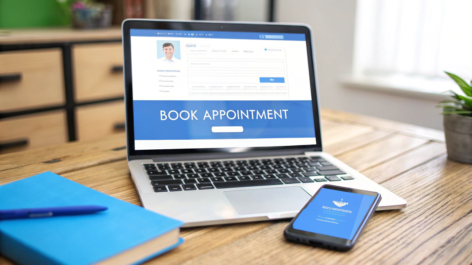 A laptop displays 'BOOK APPOINTMENT' with a profile, alongside a smartphone and notebook on a wooden desk.