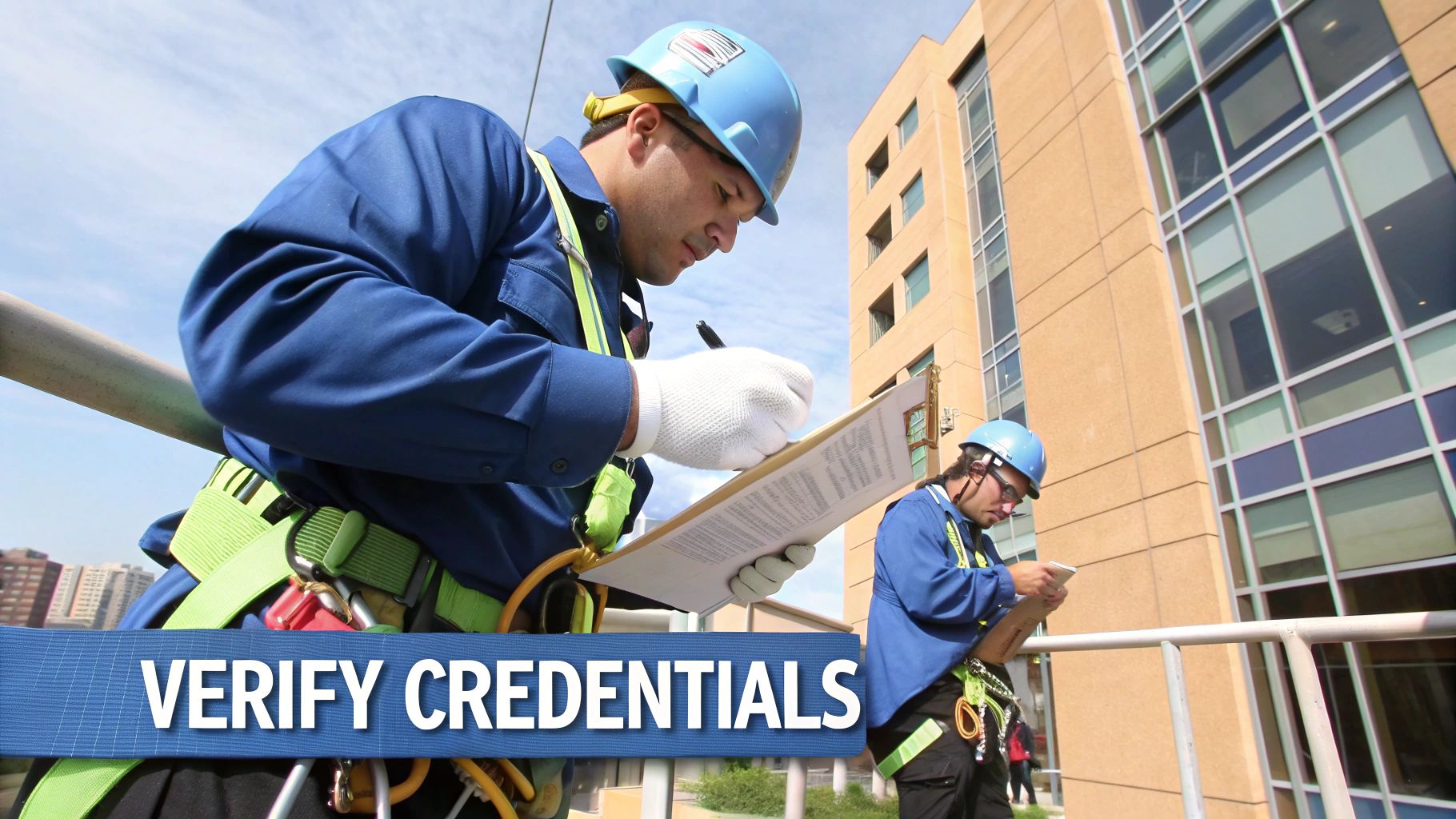 Two workers in safety harnesses and hard hats inspect a building, one writing on a clipboard.