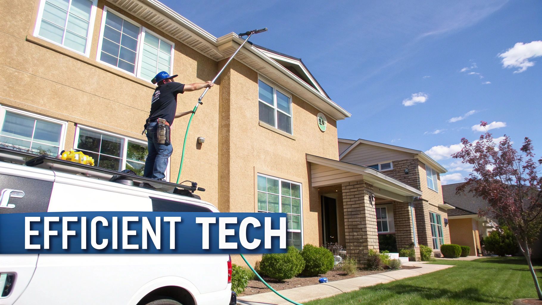 A technician on a van roof cleaning the exterior of a two-story house with a long pole.