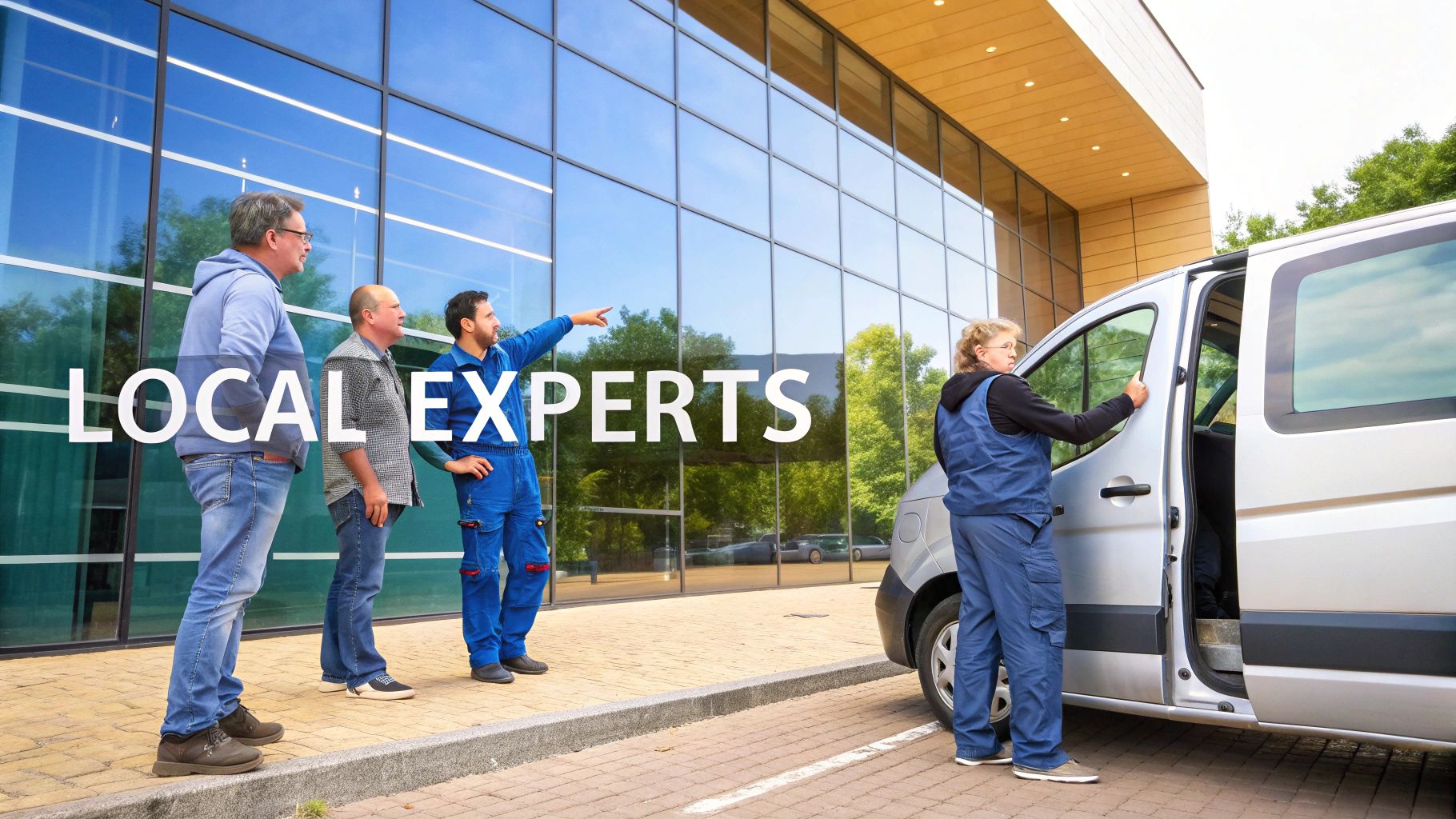LOCAL EXPERTS text overlaid on an image of people with a van in front of a glass building.