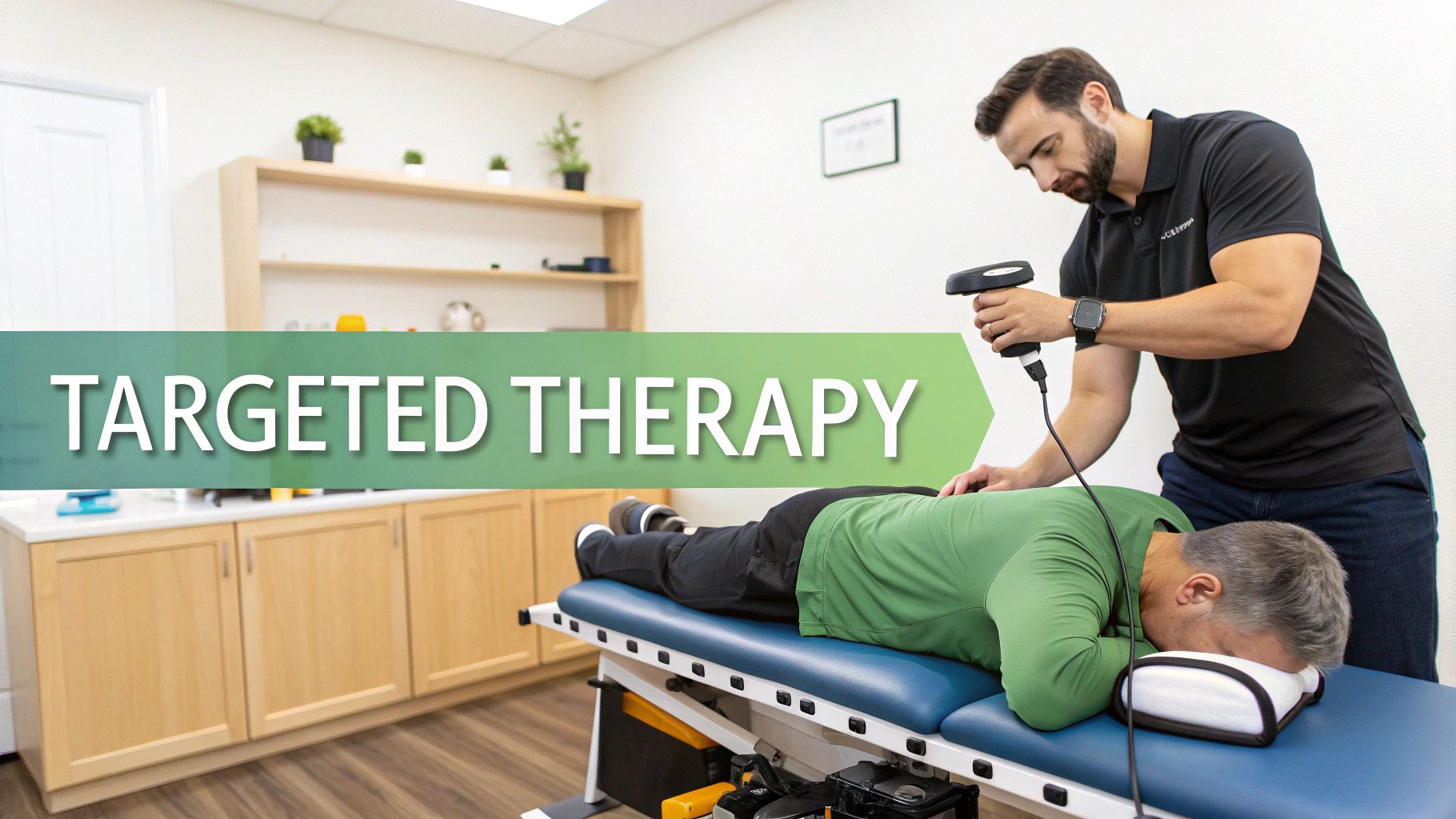 A chiropractor performs targeted therapy on a male patient's back with a device.