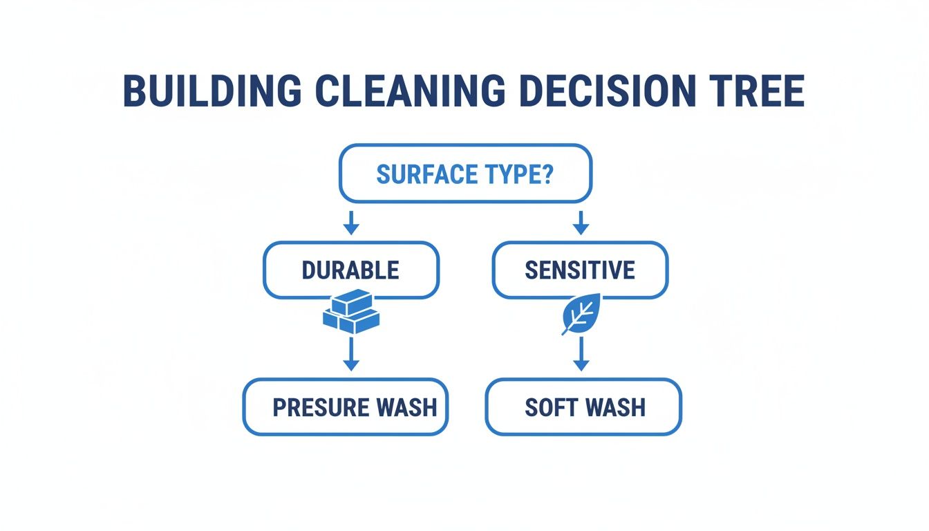 A building cleaning decision tree flowchart showing choices between pressure wash for durable surfaces and soft wash for sensitive surfaces.