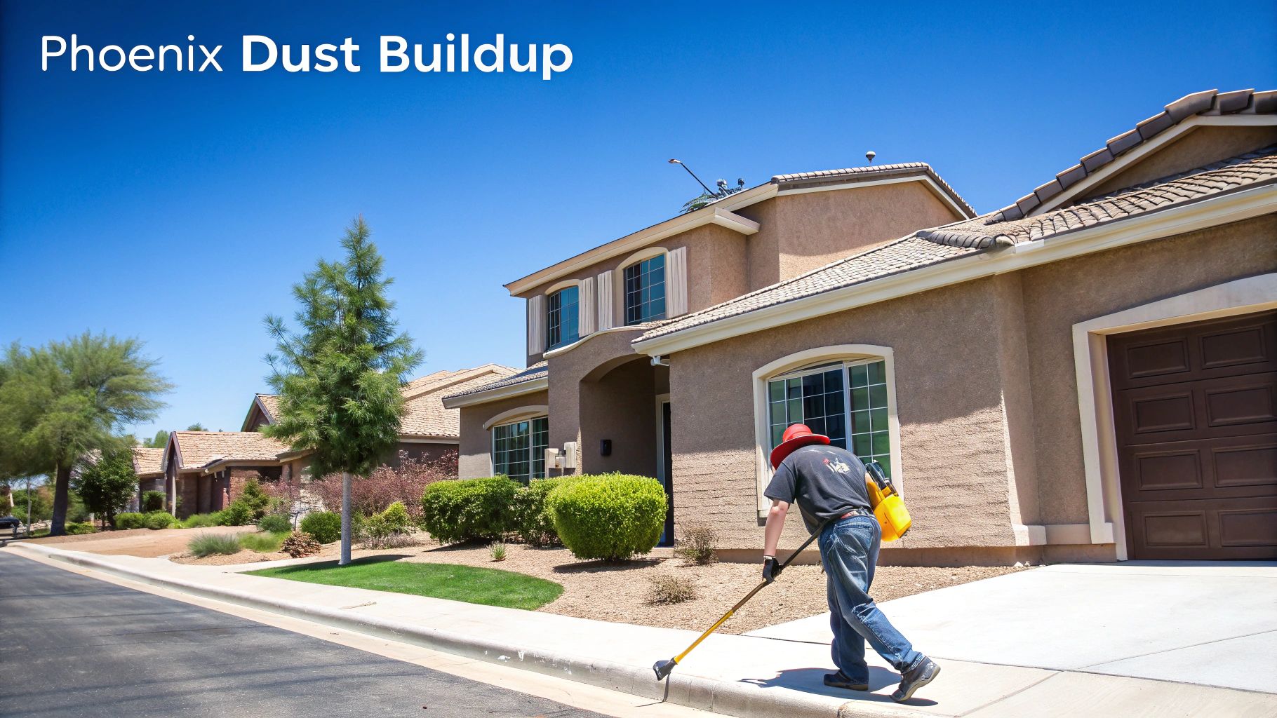 A person in a red hat cleans a dusty sidewalk curb with a tool in a Phoenix residential neighborhood.