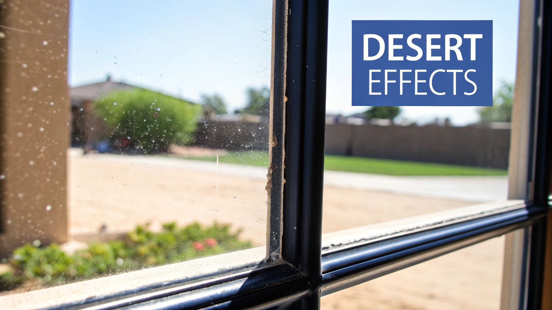 A dusty window in a desert home with the bright Arizona sun in the background.