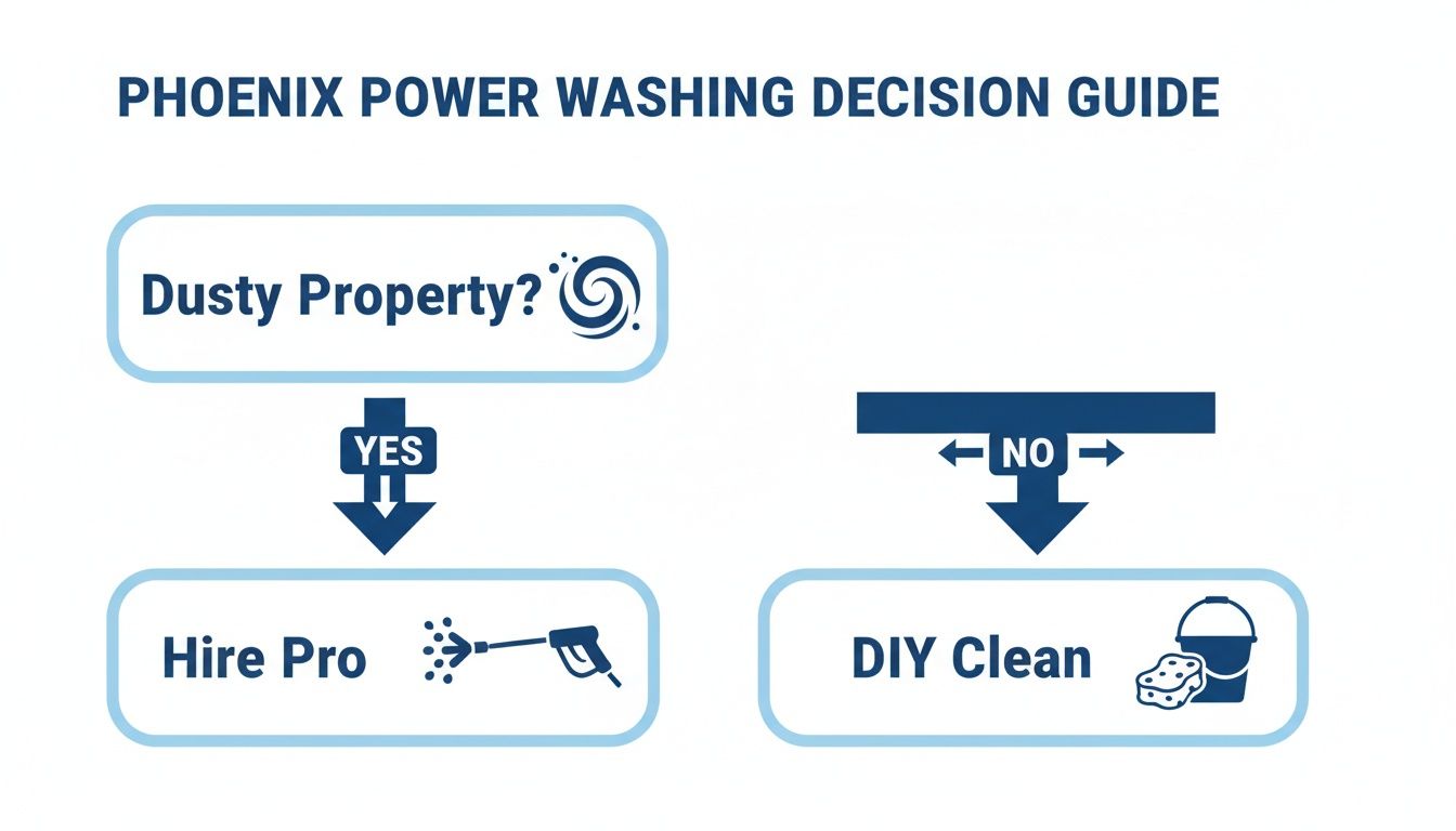 A power washing decision guide, asking if property is dusty, suggesting hiring a pro or DIY clean.