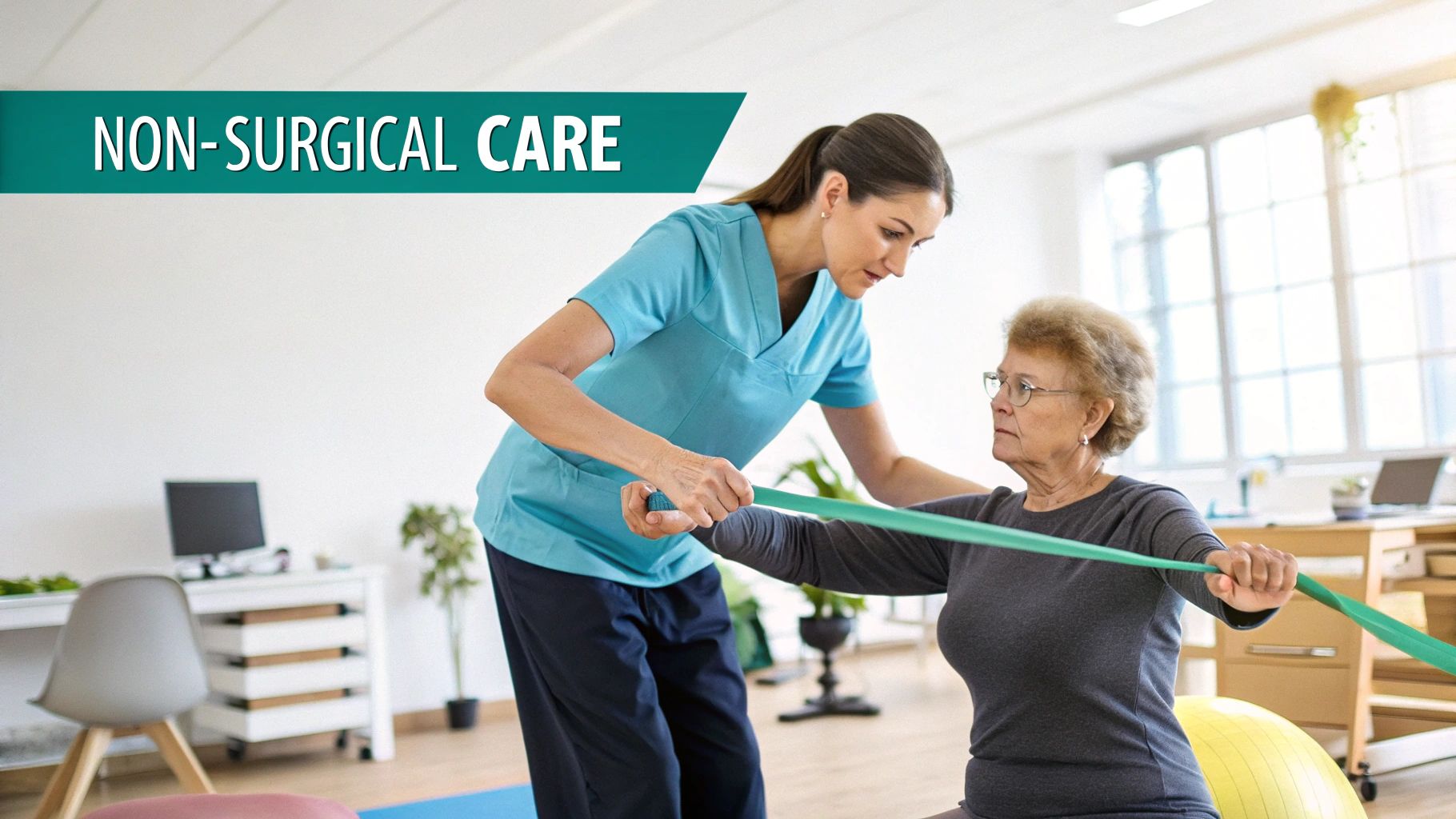 A physical therapist assists an older woman with resistance band exercises for non-surgical treatment.