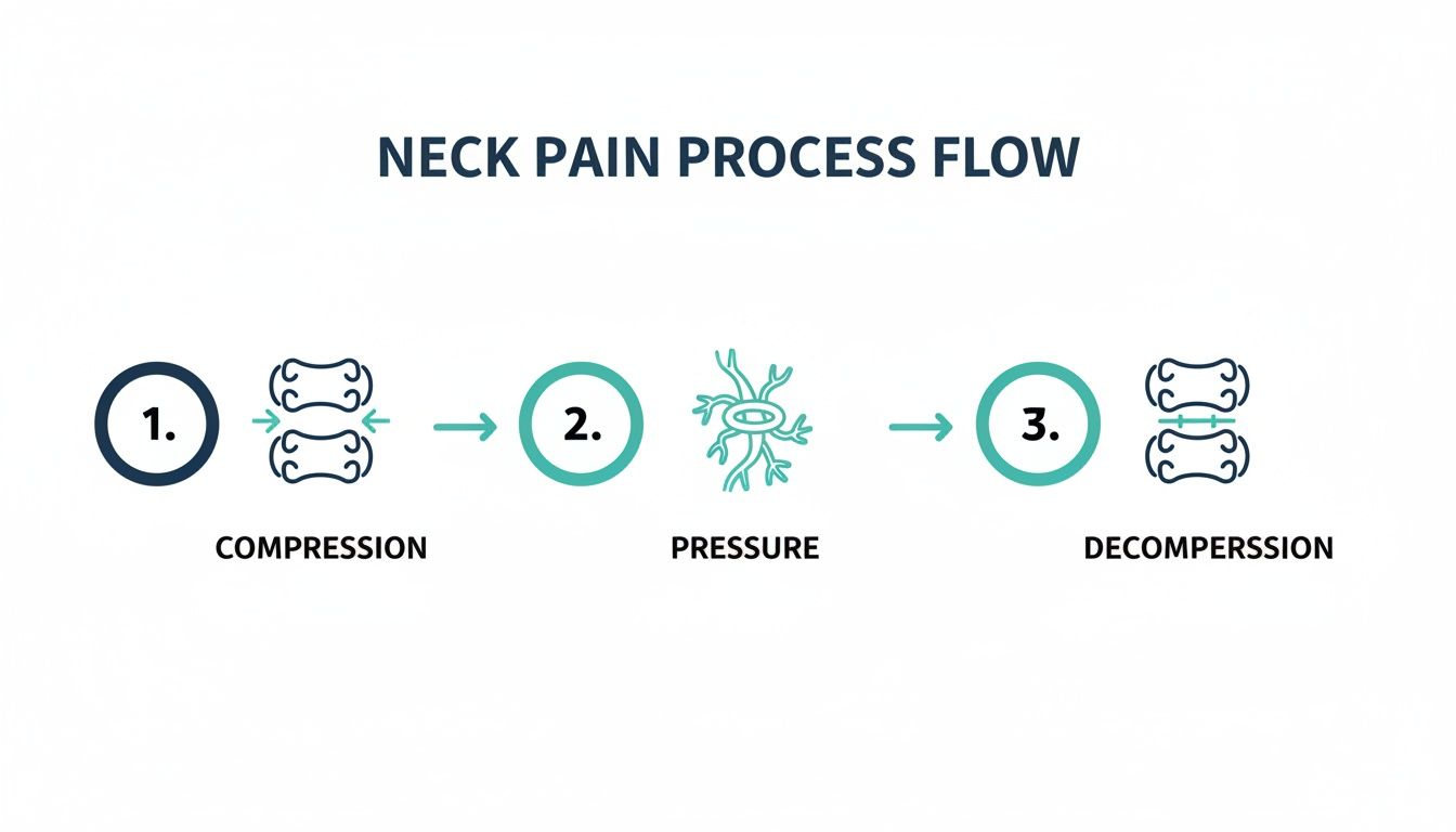 Flow diagram illustrating the neck pain process from compression, to pressure on nerves, and ultimately decompression.