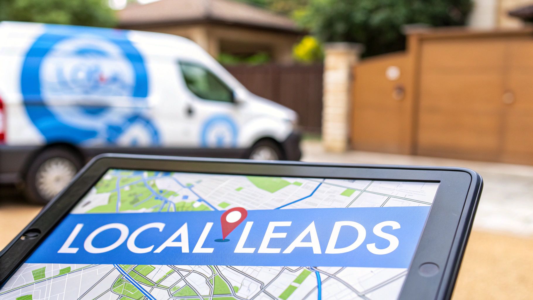 Tablet displaying 'LOCAL LEADS' and a map, with a blurred service van in the background, for local business.