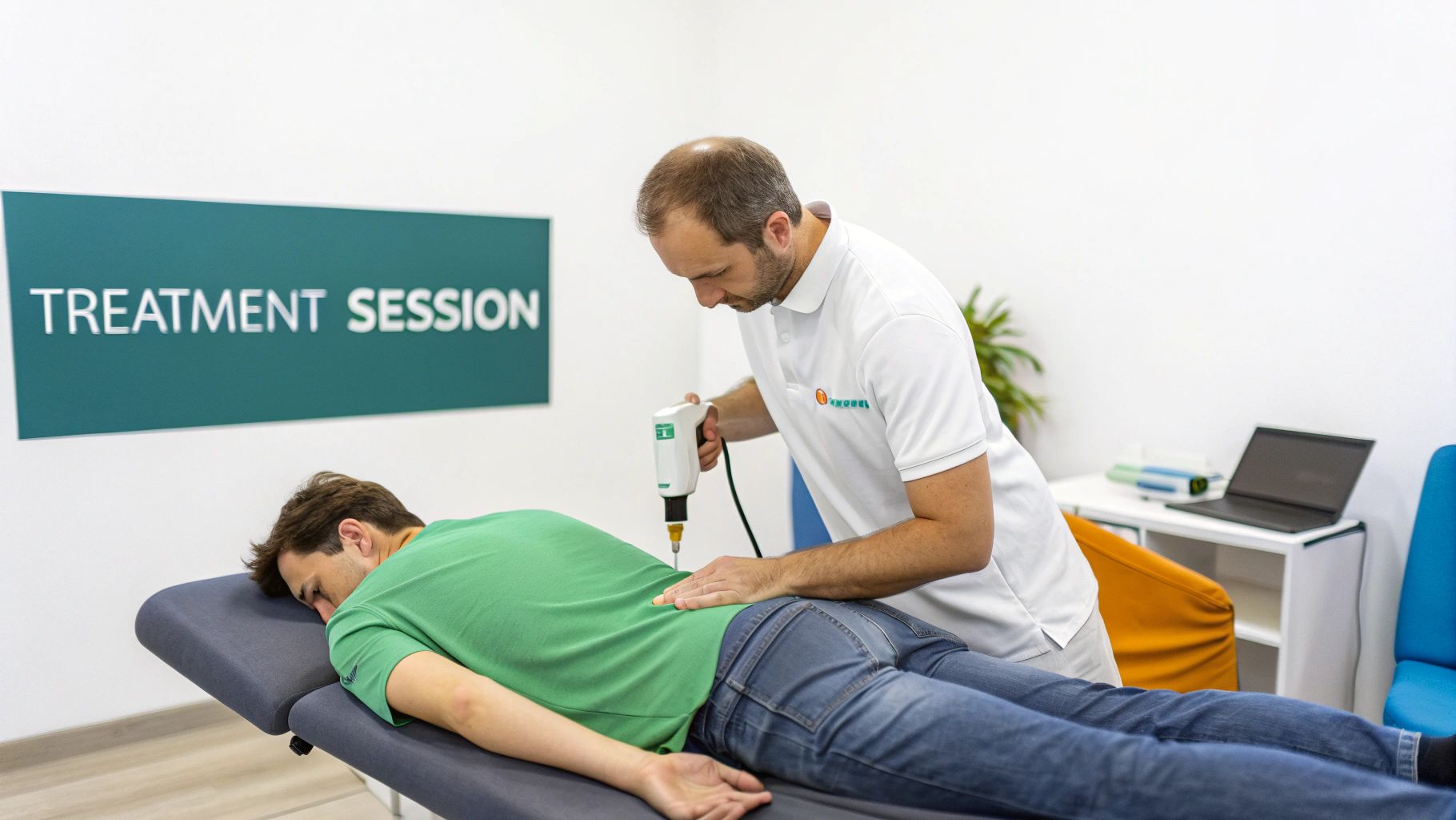 A therapist uses a cold laser device on a male patient's lower back during a treatment session.