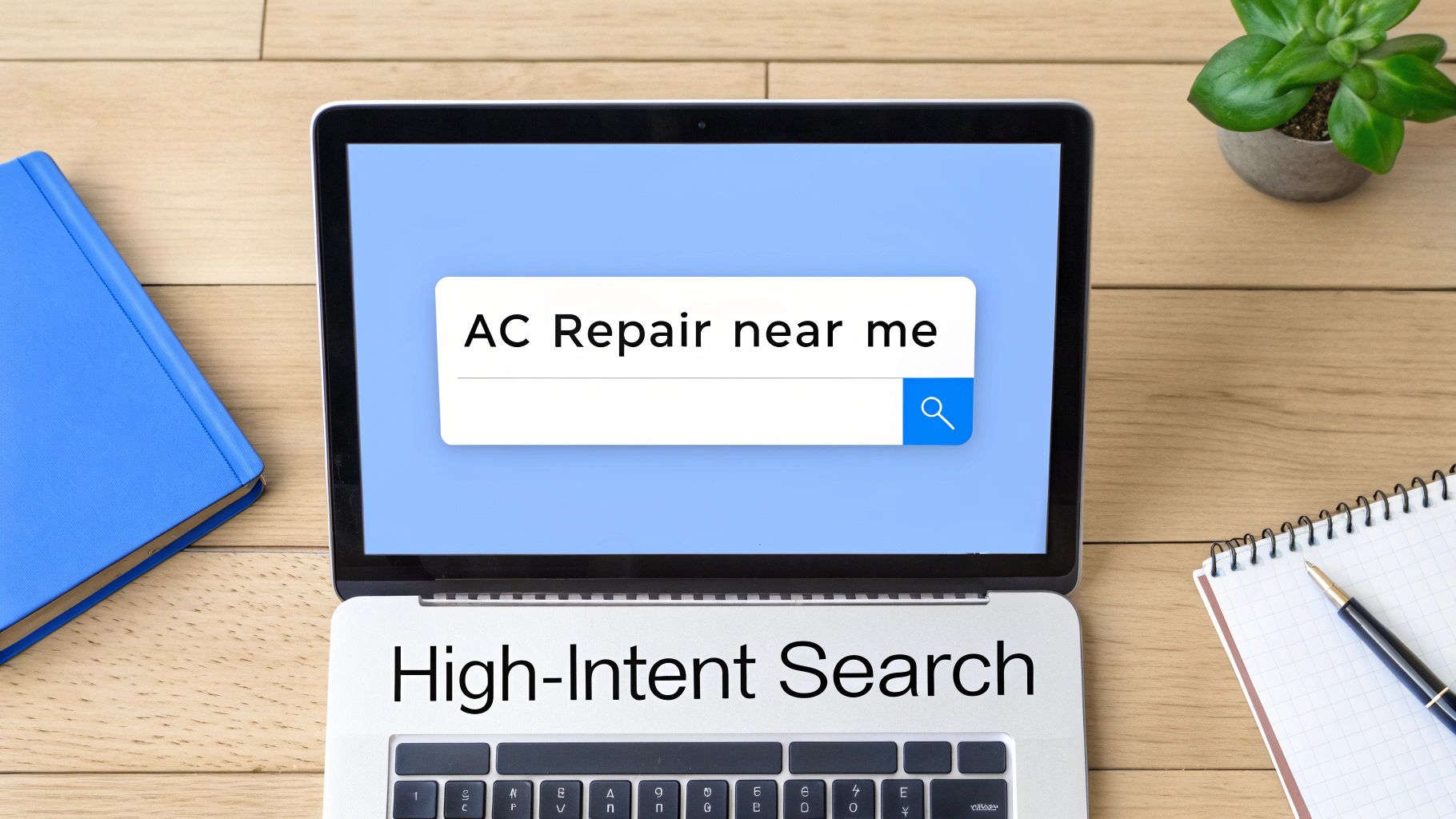 A laptop screen displaying 'AC Repair near me' in a search bar, representing a high-intent local service search.