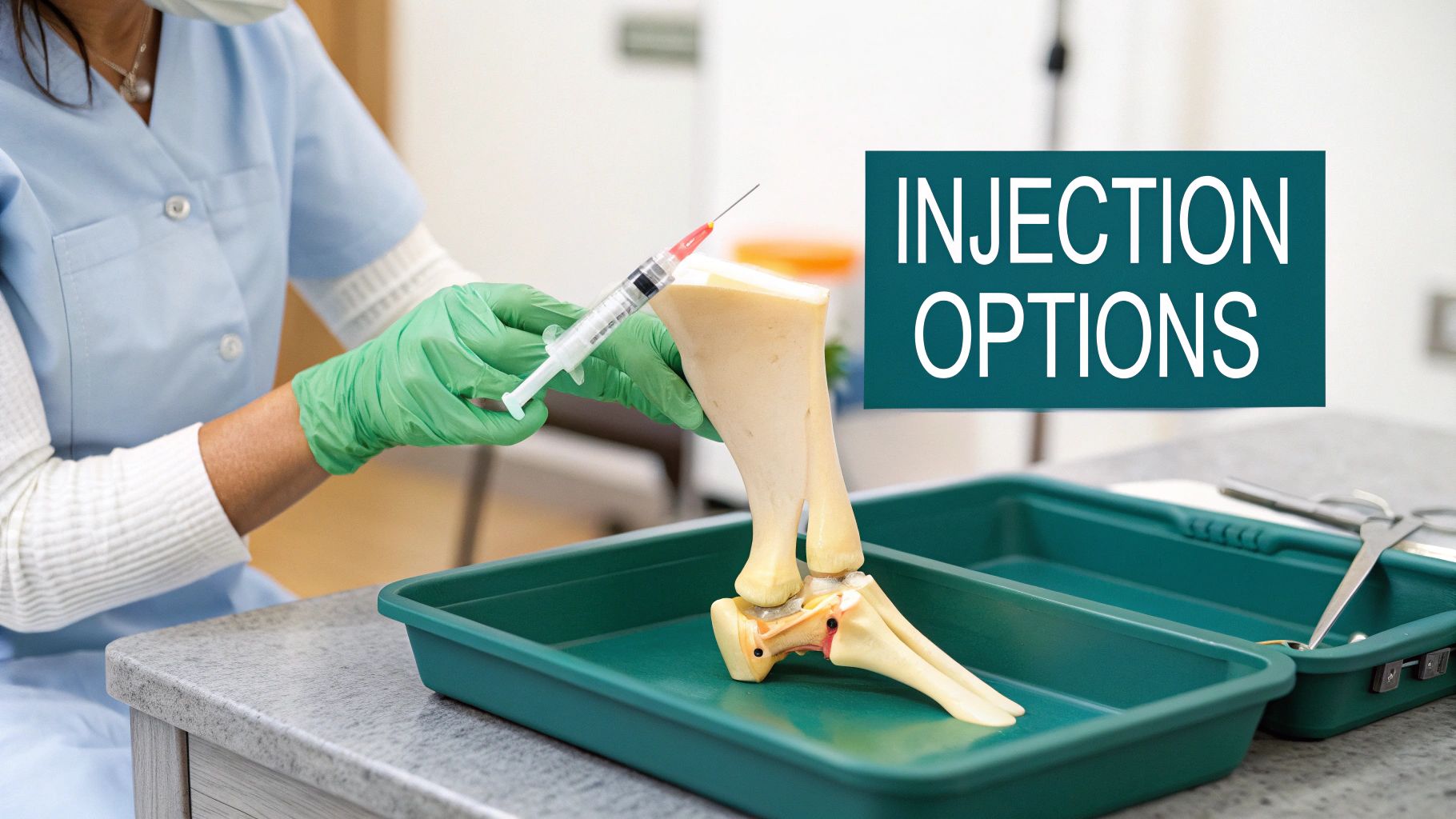 A person in green gloves holds a syringe near an animal leg bone model, text says 'INJECTION OPTIONS'.