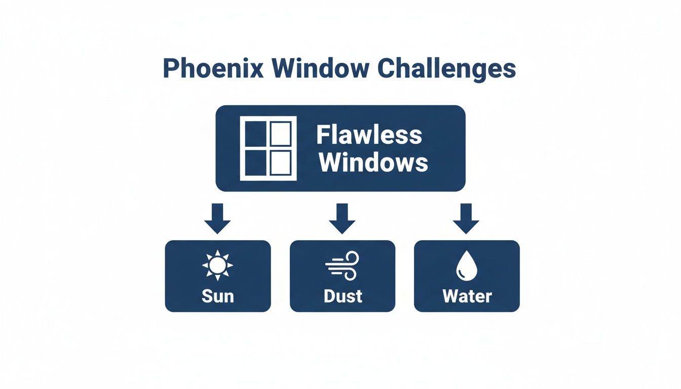 A diagram illustrating Phoenix window challenges, showing how sun, dust, and water impact achieving flawless windows.