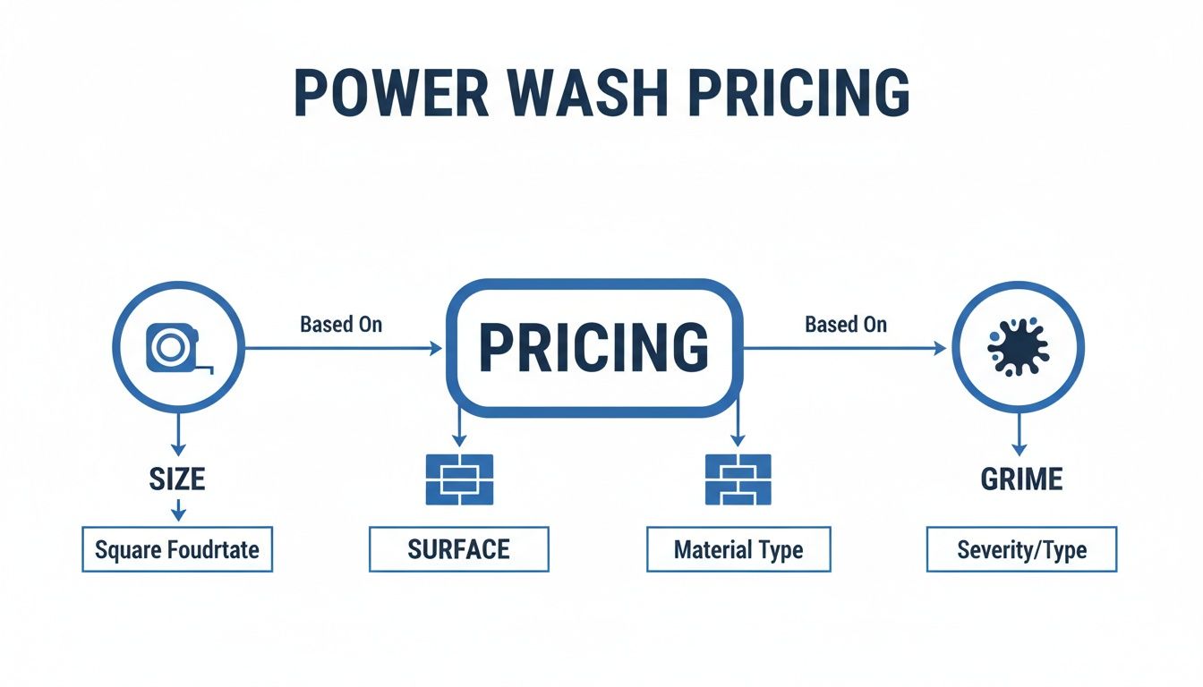 Flowchart illustrating power wash pricing factors including size, surface material, and grime severity.
