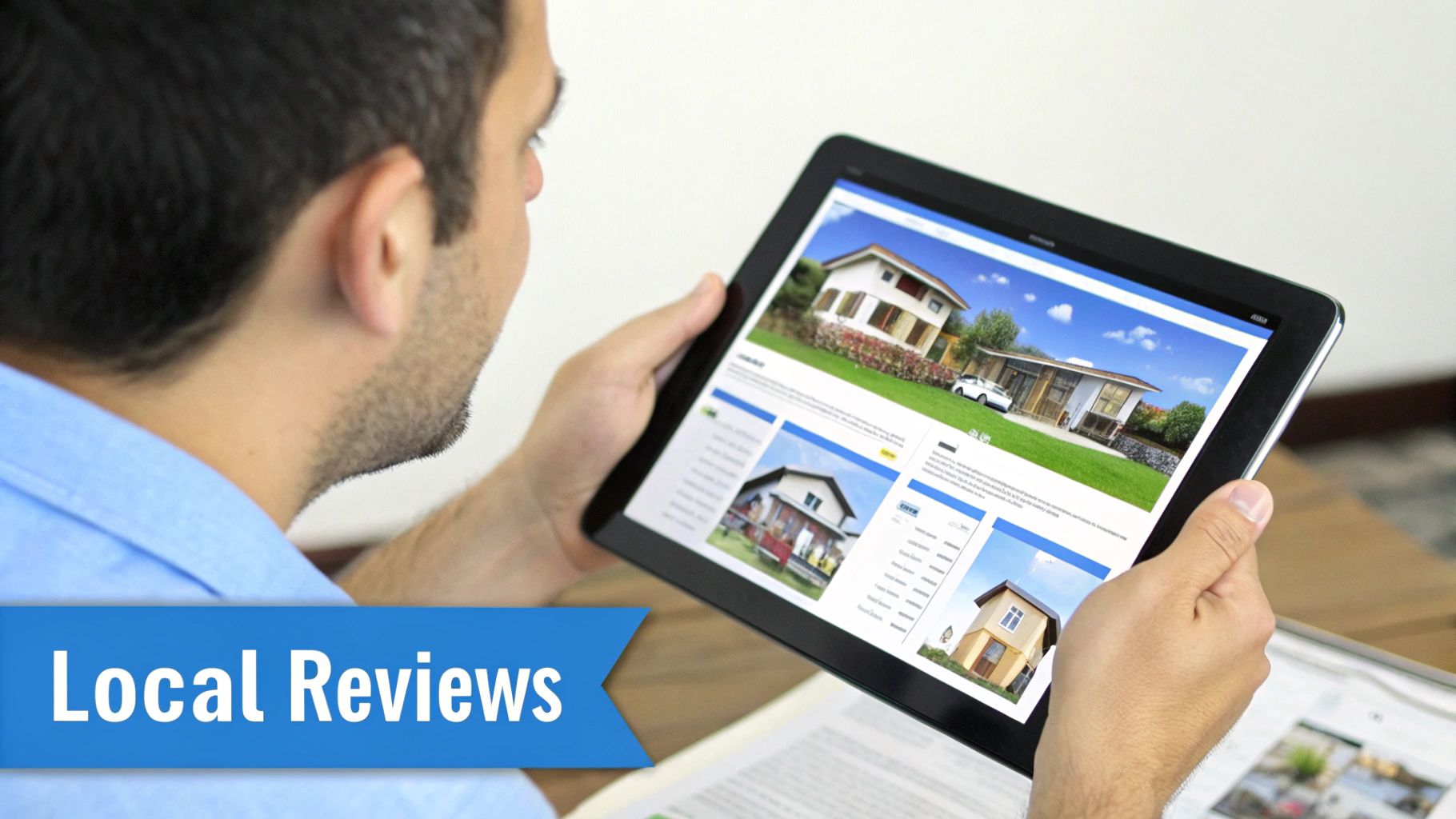 A man is looking at real estate listings of houses on a tablet, with a 'Local Reviews' banner.