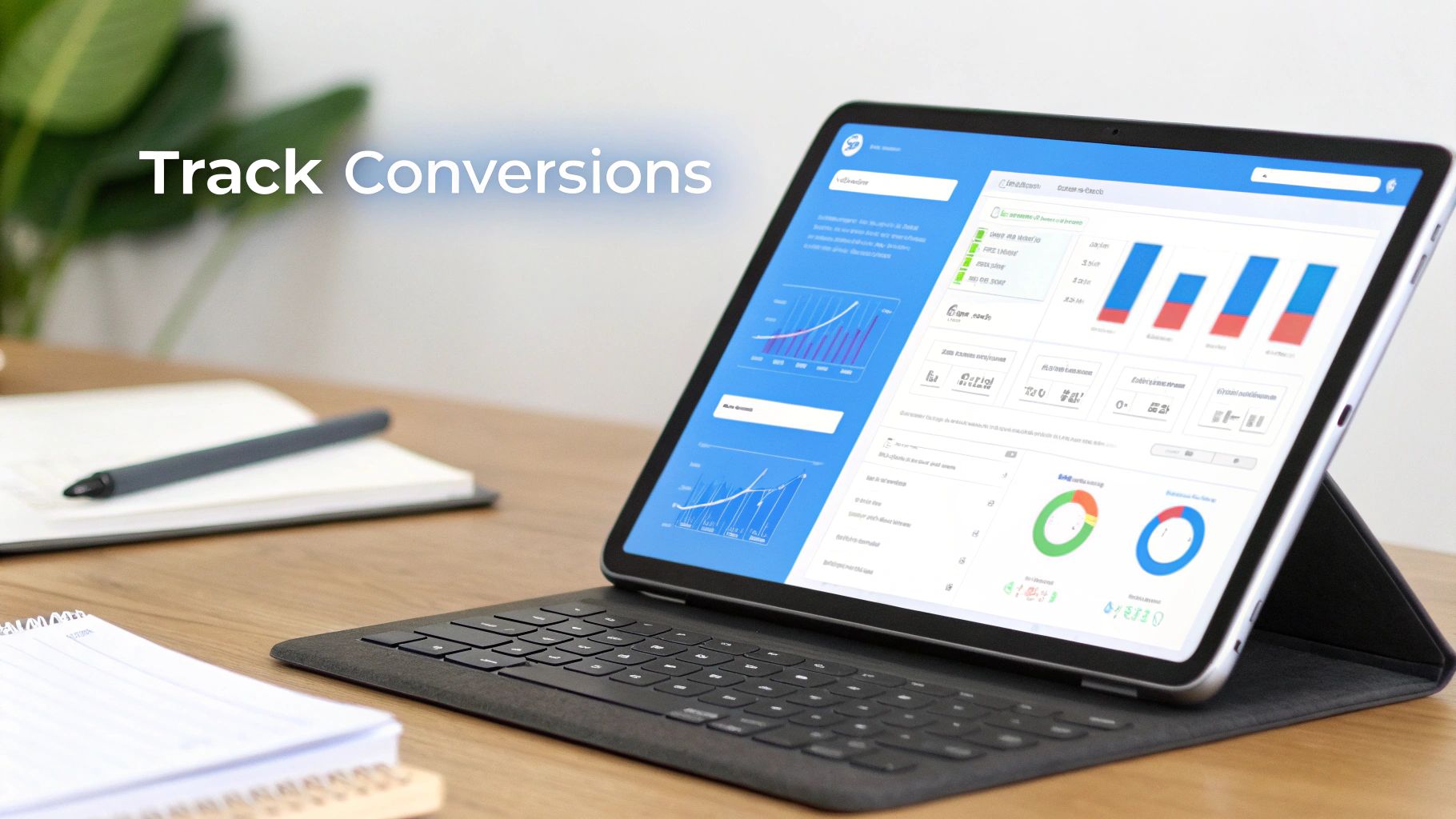 Tablet displaying conversion tracking analytics dashboard on a wooden desk with a notebook and pen.