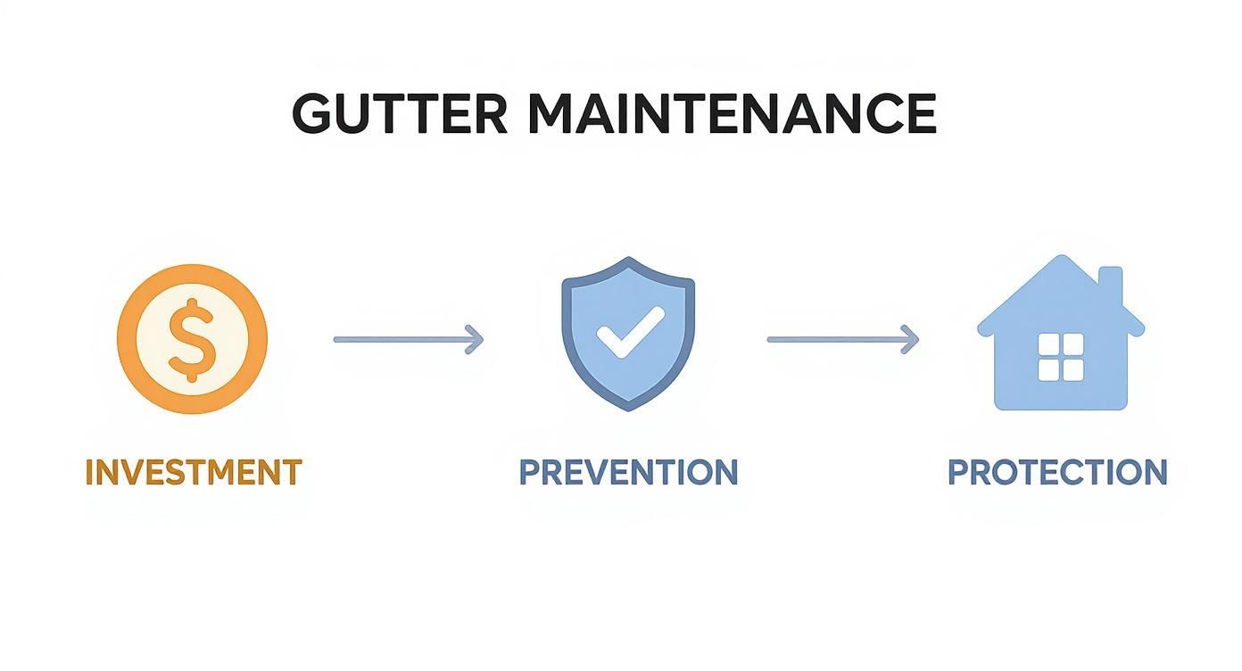 Infographic showing that investment in gutter maintenance leads to prevention and home protection.