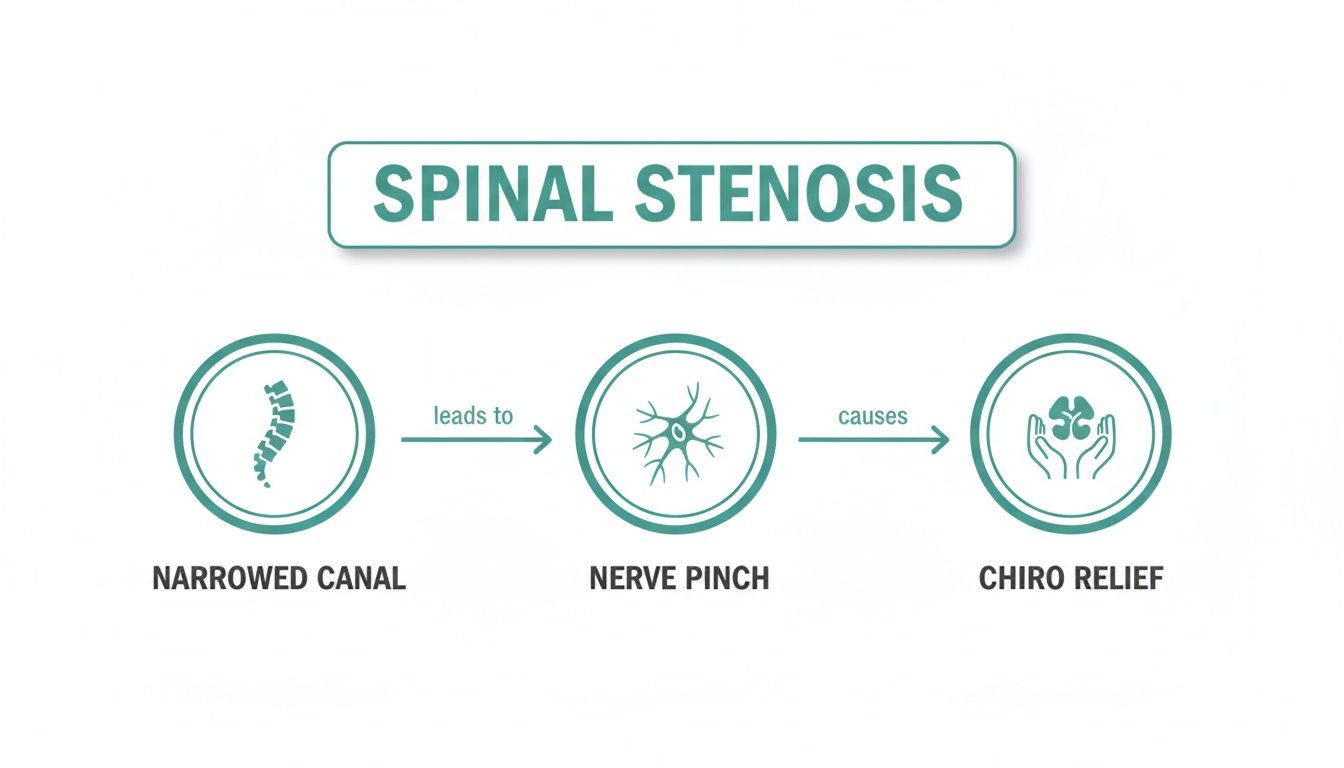 An infographic explaining spinal stenosis, showing a narrowed spinal canal leading to nerve pinch, relieved by chiropractic care.