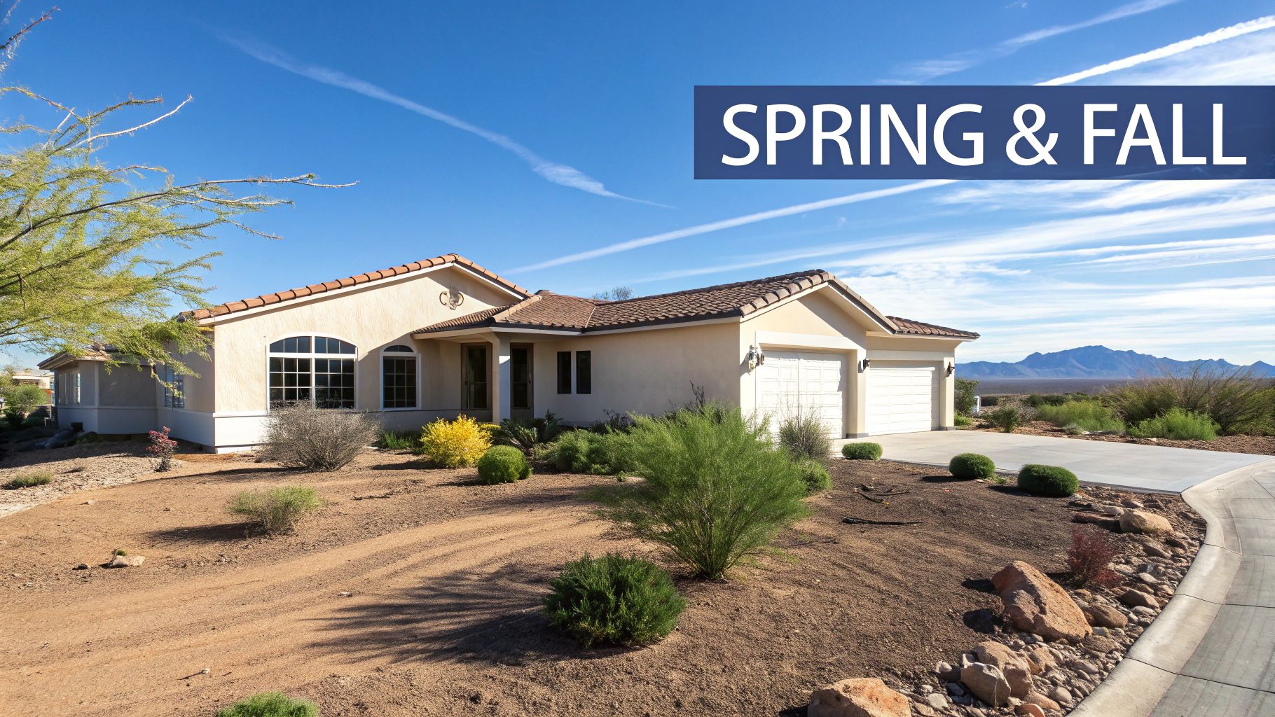 A desert home with a stucco exterior, tiled roof, and two-car garage under a clear sky, with 'SPRING & FALL' overlay.