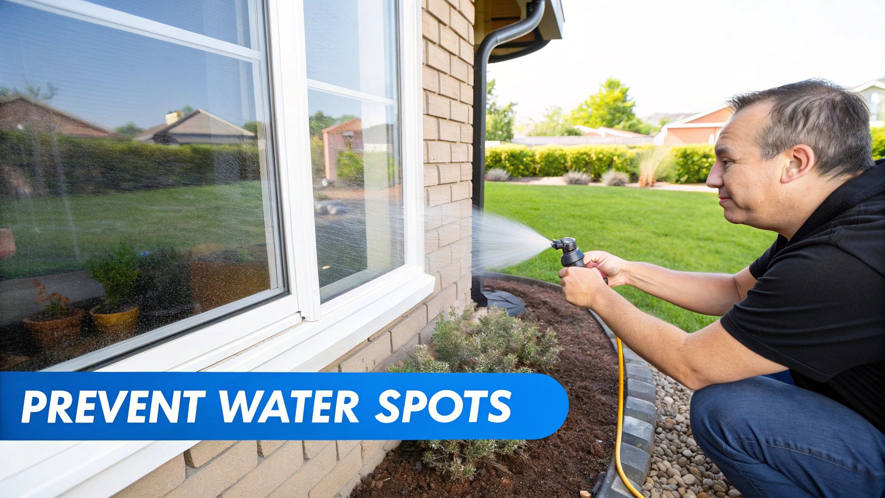 A man waters plants next to a house window, illustrating methods to prevent water spots.